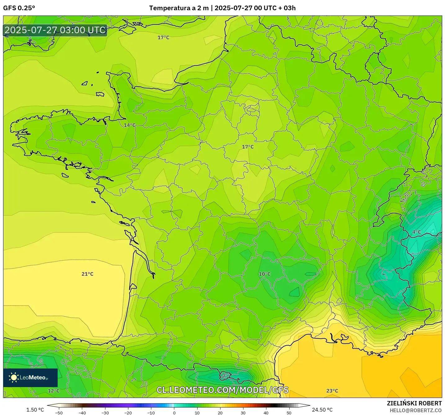 GFS model - Francia, Temperatura a 2 m GFS model - Francia, Temperatura a 2 m