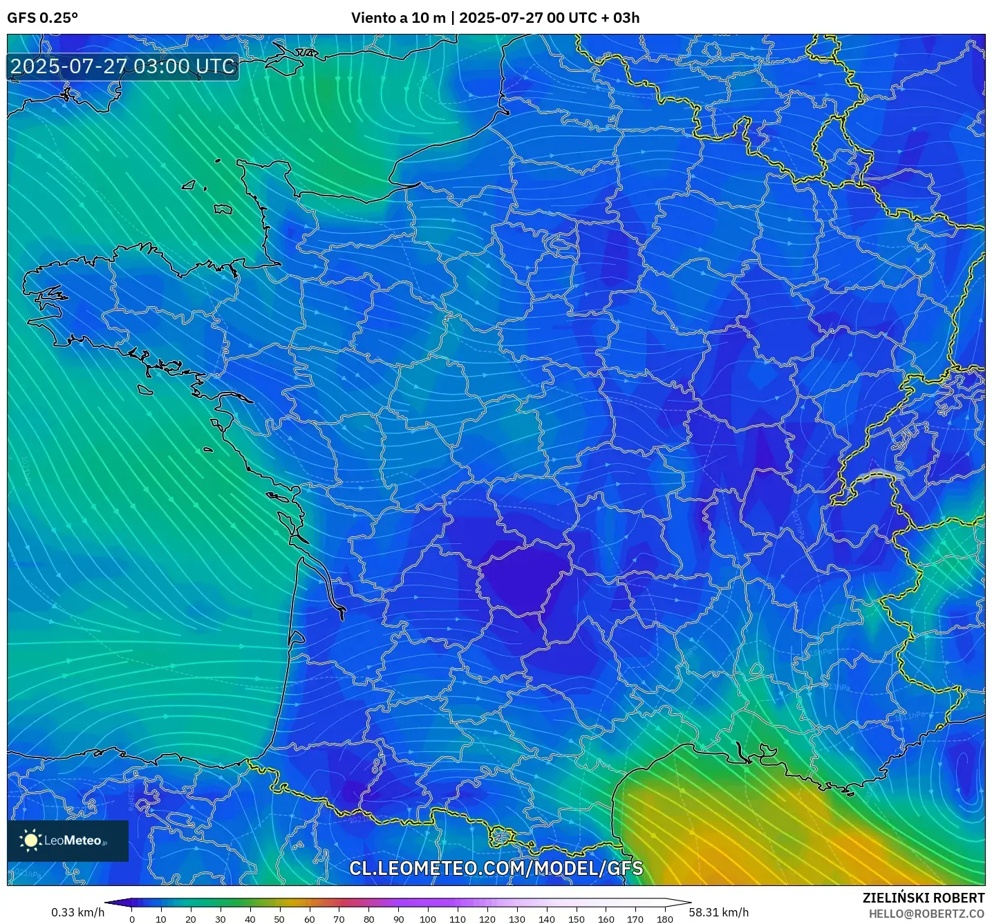 GFS model - Francia, Viento a 10 m GFS model - Francia, Viento a 10 m
