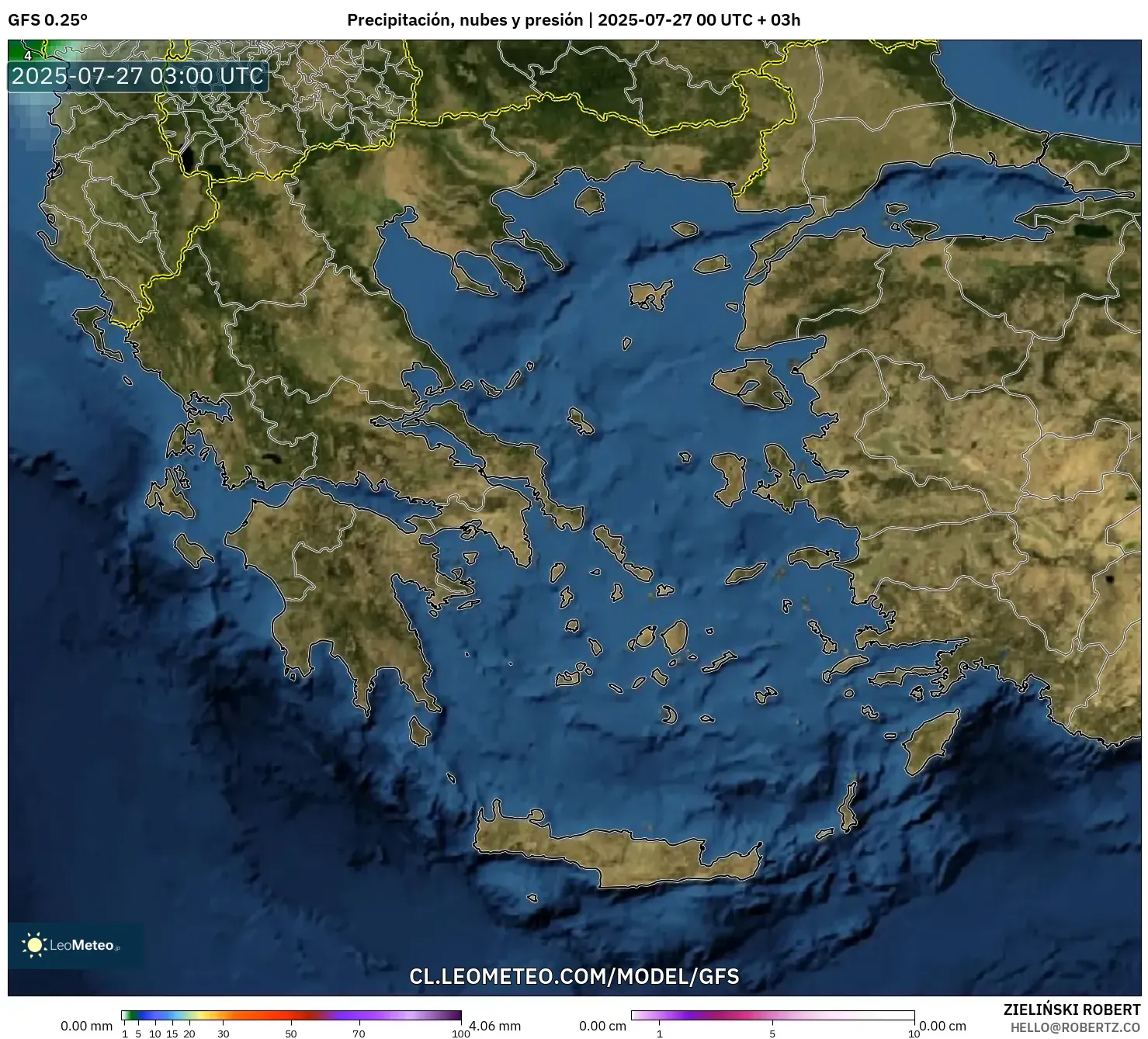 GFS model - Grecia, Precipitación, nubes y presión GFS model - Grecia, Precipitación, nubes y presión
