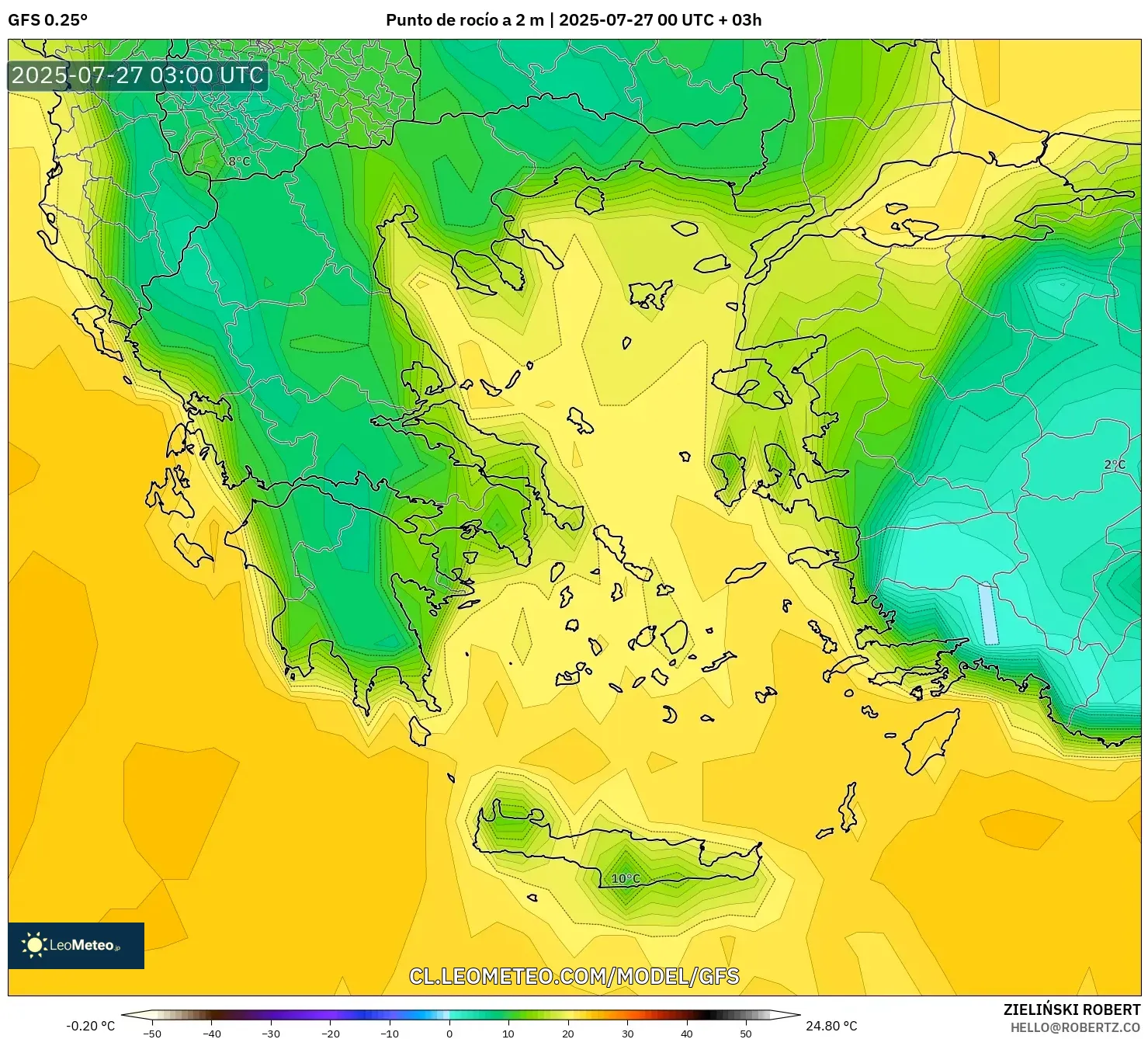 GFS model - Grecia, Punto de rocío a 2 m GFS model - Grecia, Punto de rocío a 2 m