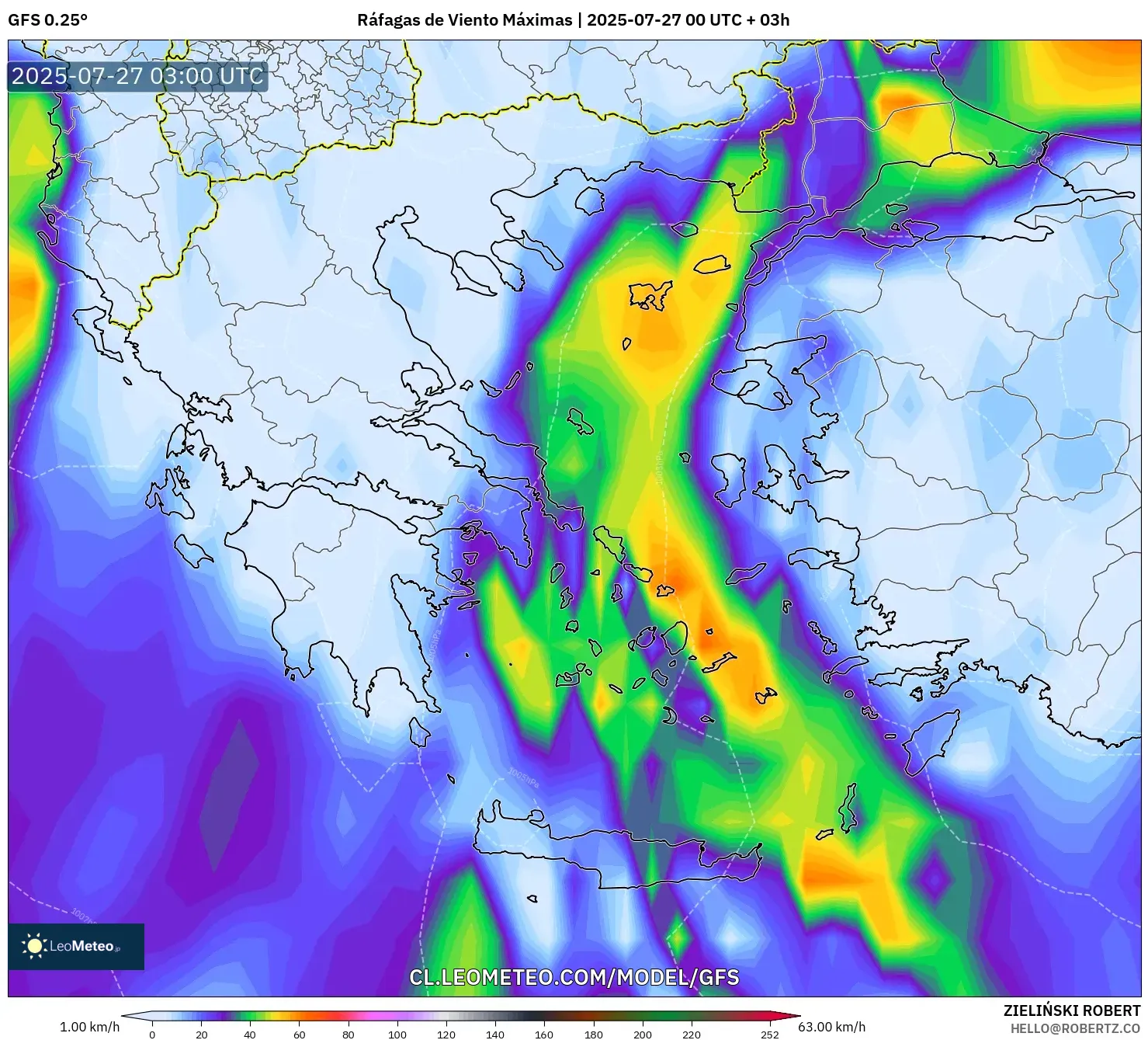 GFS model - Grecia, Ráfagas de Viento Máximas