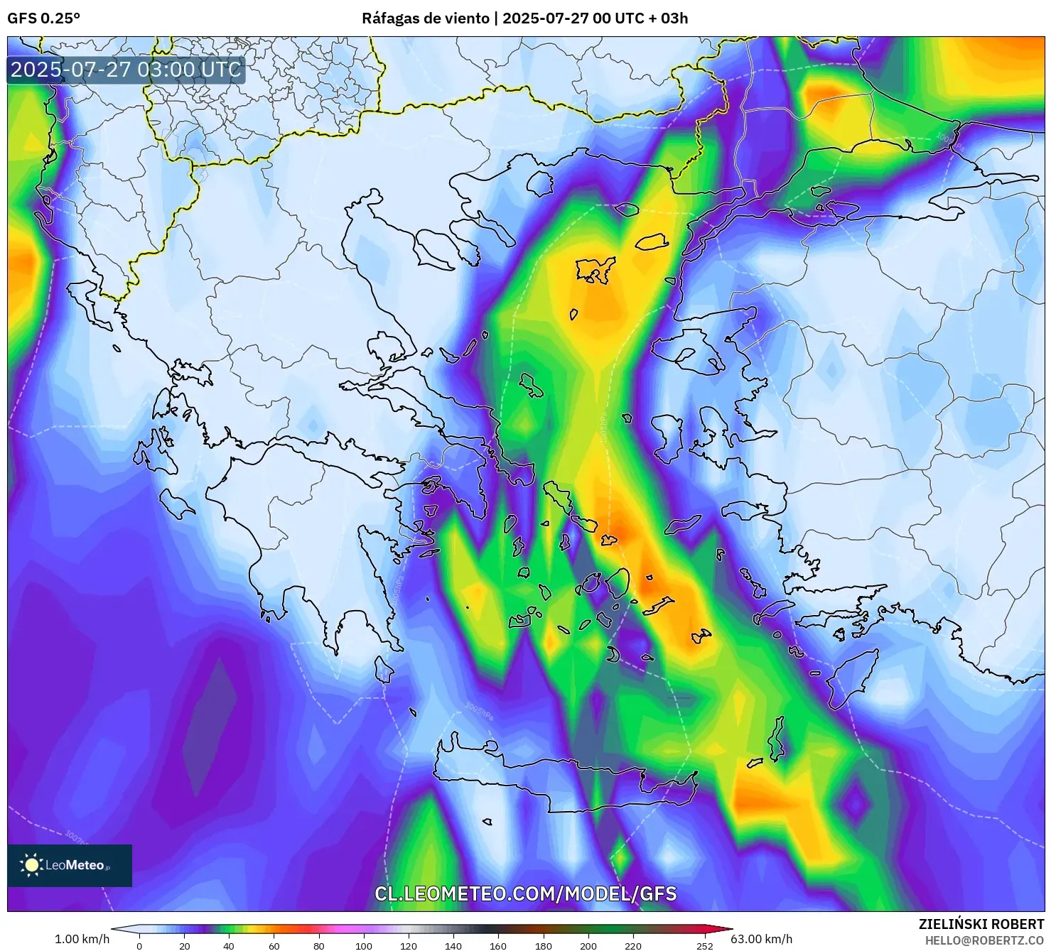 GFS model - Grecia, Ráfagas de viento GFS model - Grecia, Ráfagas de viento