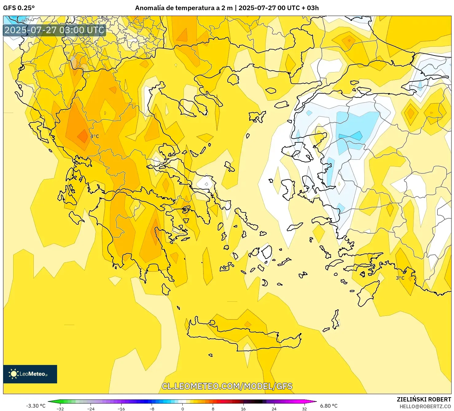 GFS model - Grecia, Anomalía de temperatura a 2 m GFS model - Grecia, Anomalía de temperatura a 2 m