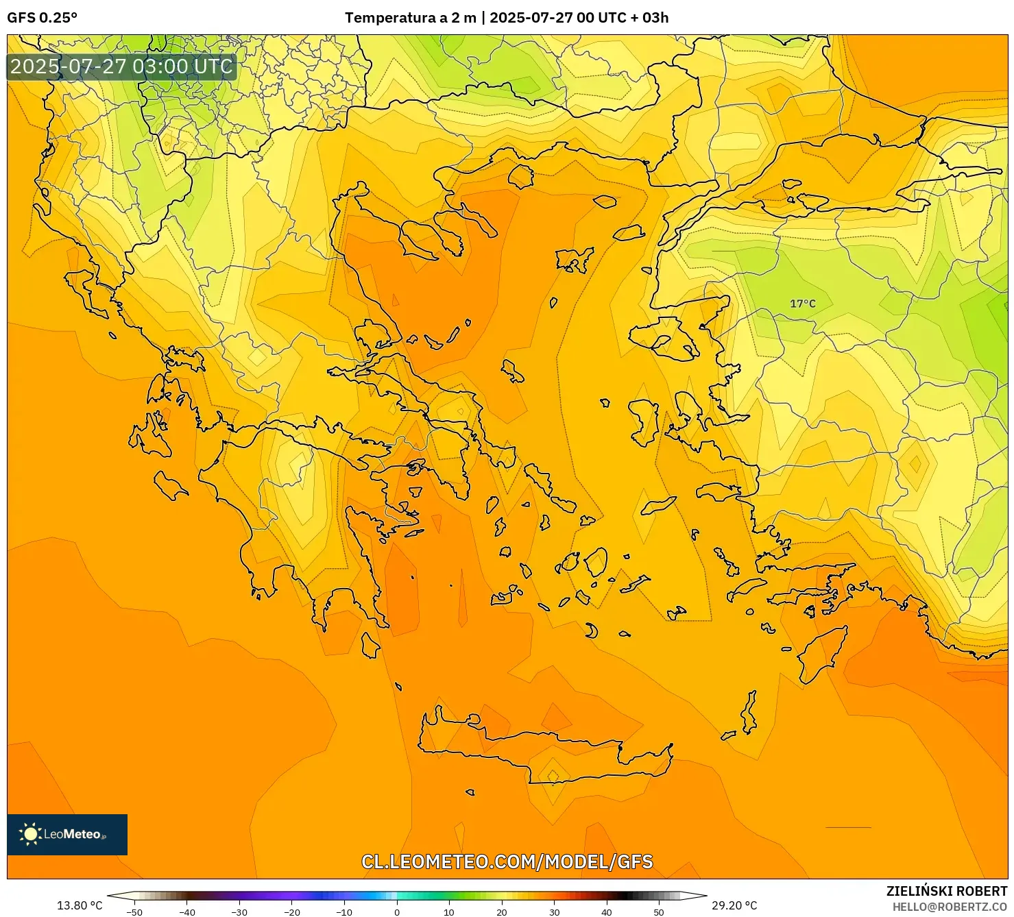 GFS model - Grecia, Temperatura a 2 m