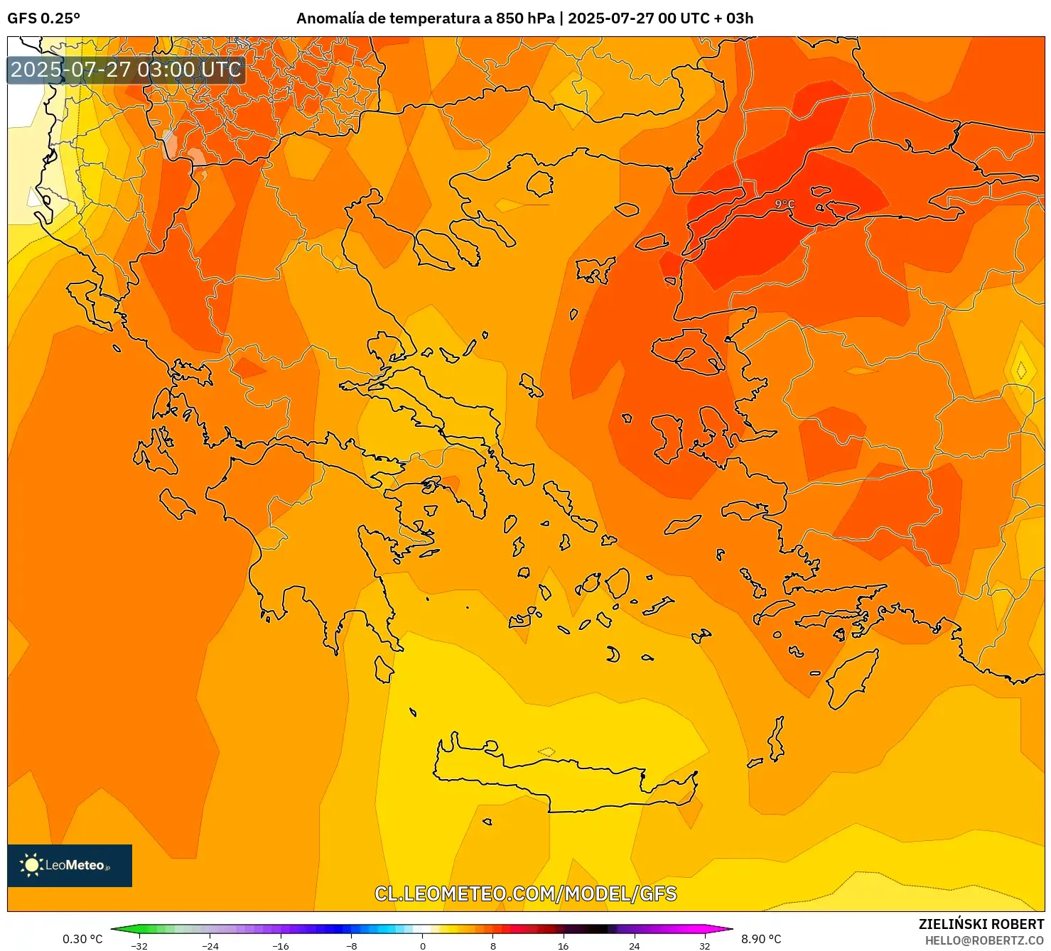 GFS model - Grecia, Anomalía de temperatura a 850 hPa GFS model - Grecia, Anomalía de temperatura a 850 hPa