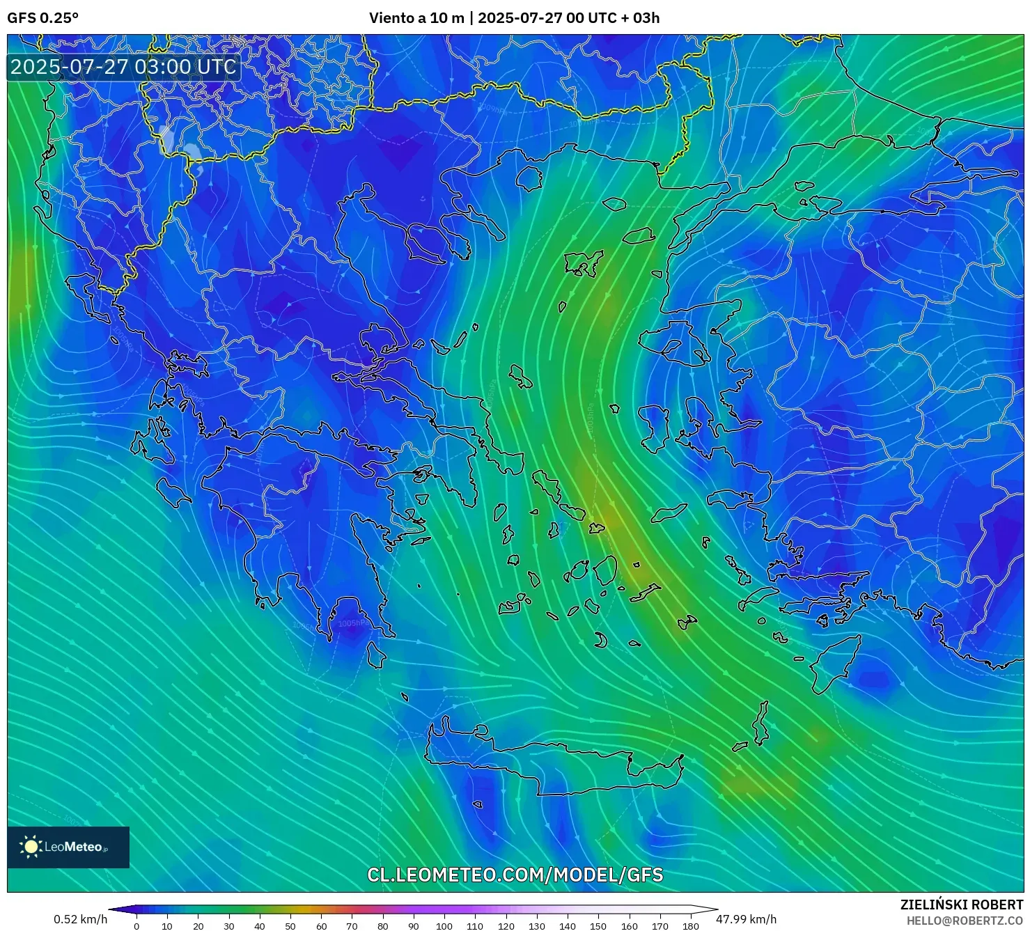 GFS model - Grecia, Viento a 10 m GFS model - Grecia, Viento a 10 m