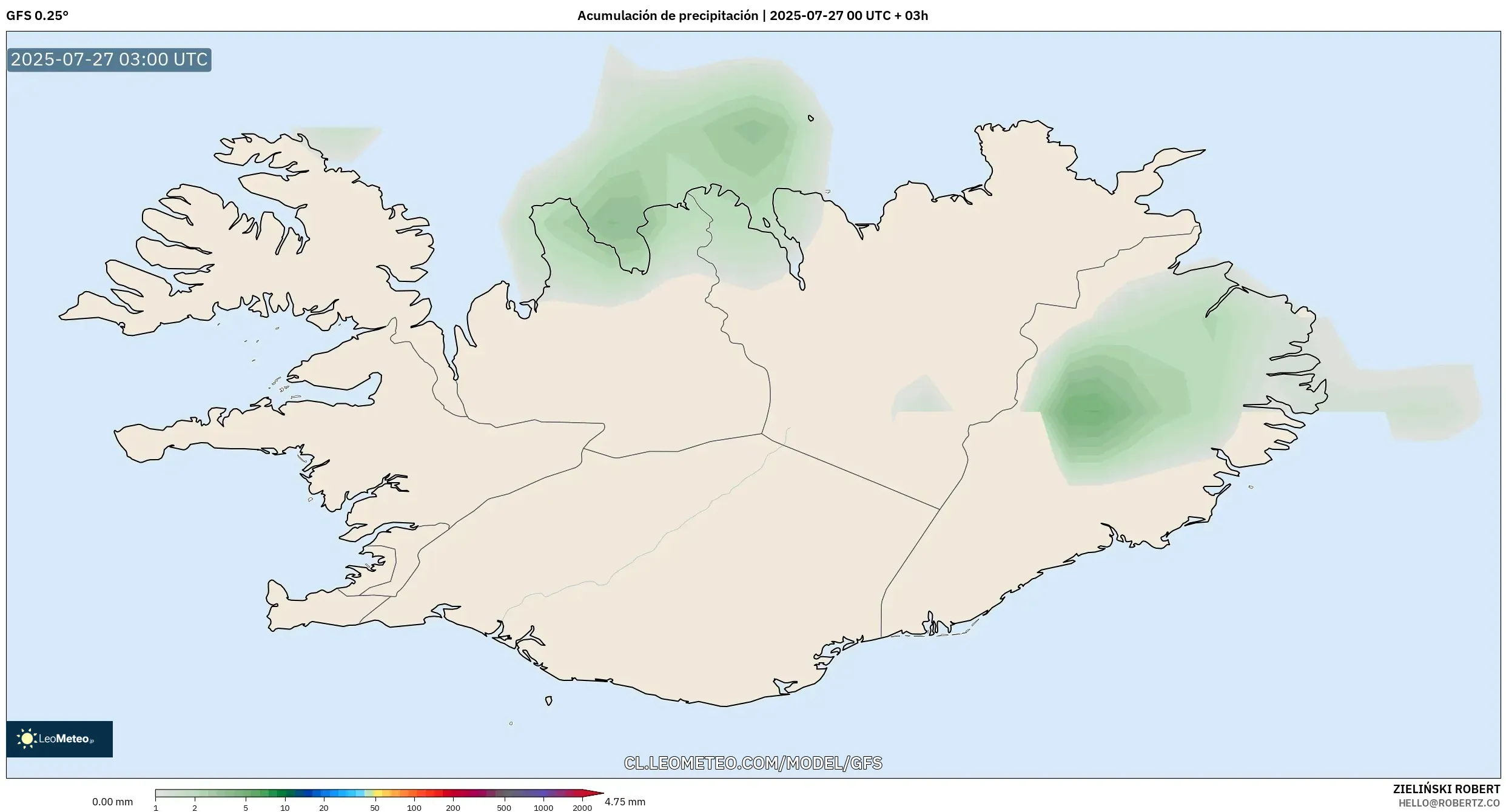GFS model - Islandia, Acumulación de precipitación GFS model - Islandia, Acumulación de precipitación