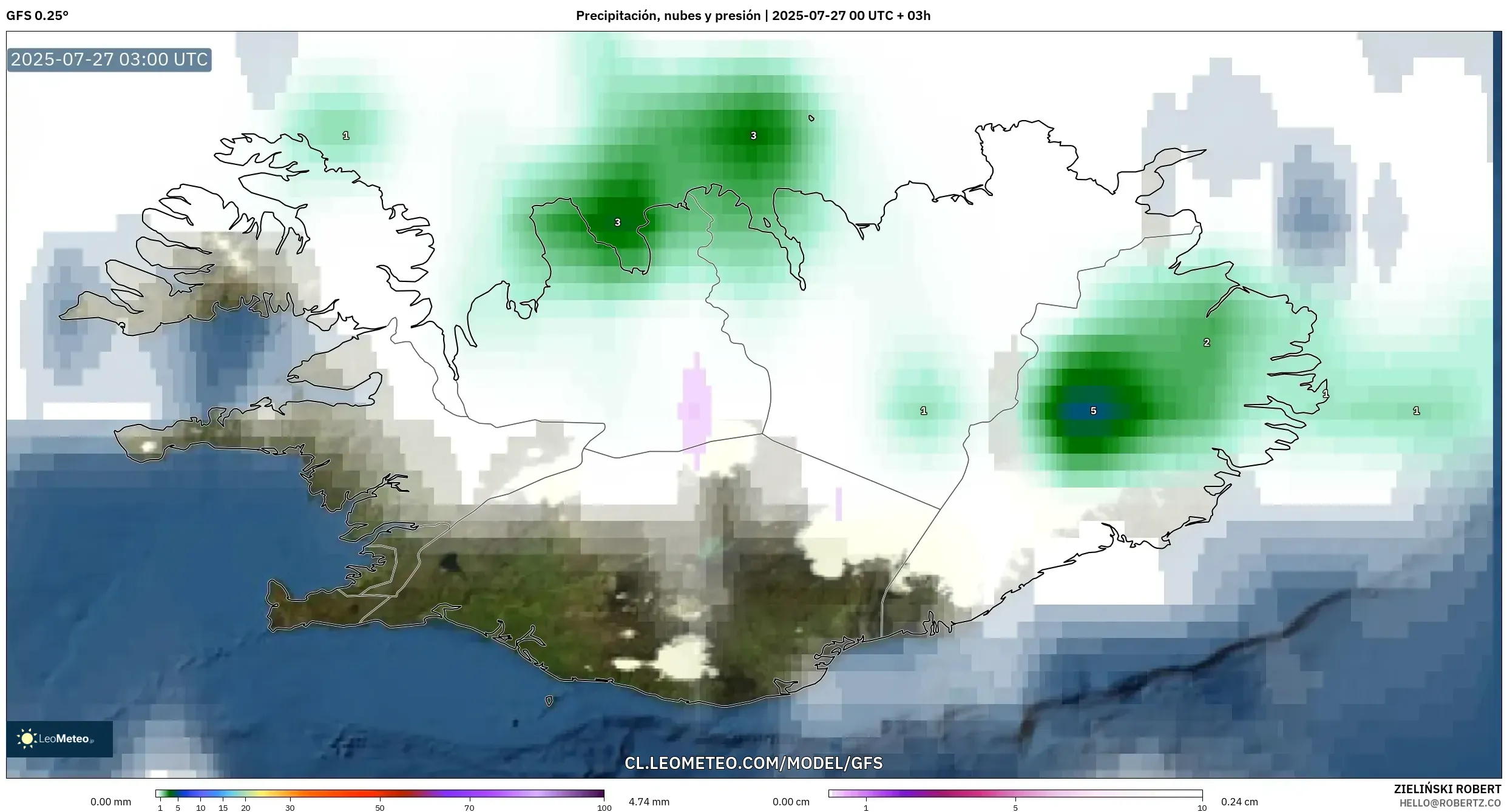 GFS model - Islandia, Precipitación, nubes y presión GFS model - Islandia, Precipitación, nubes y presión