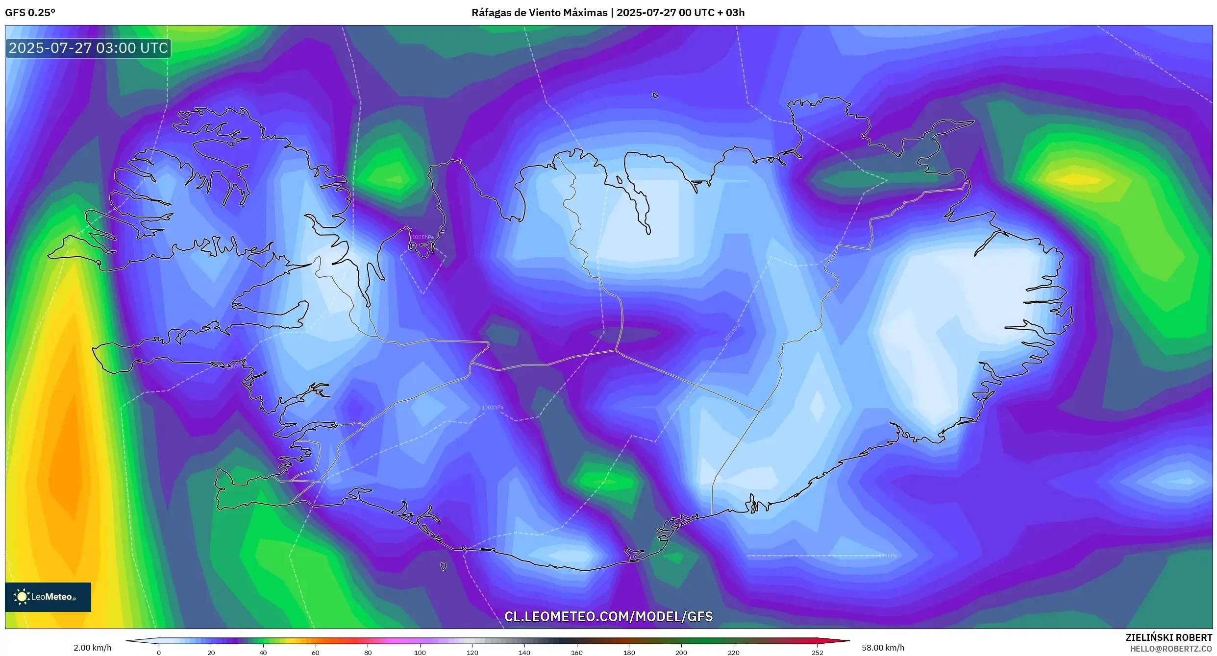 GFS model - Islandia, Ráfagas de Viento Máximas GFS model - Islandia, Ráfagas de Viento Máximas