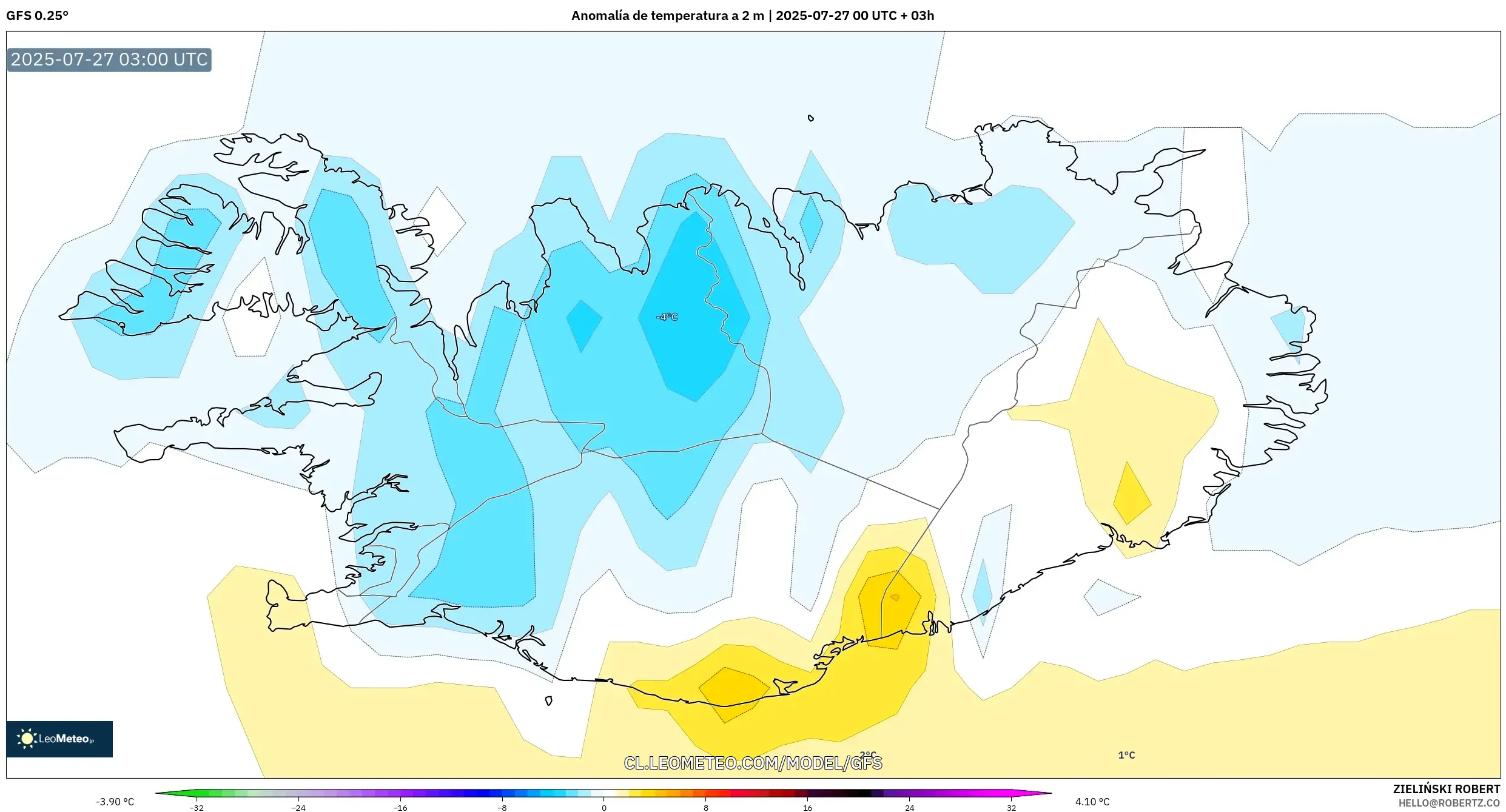 GFS model - Islandia, Anomalía de temperatura a 2 m GFS model - Islandia, Anomalía de temperatura a 2 m