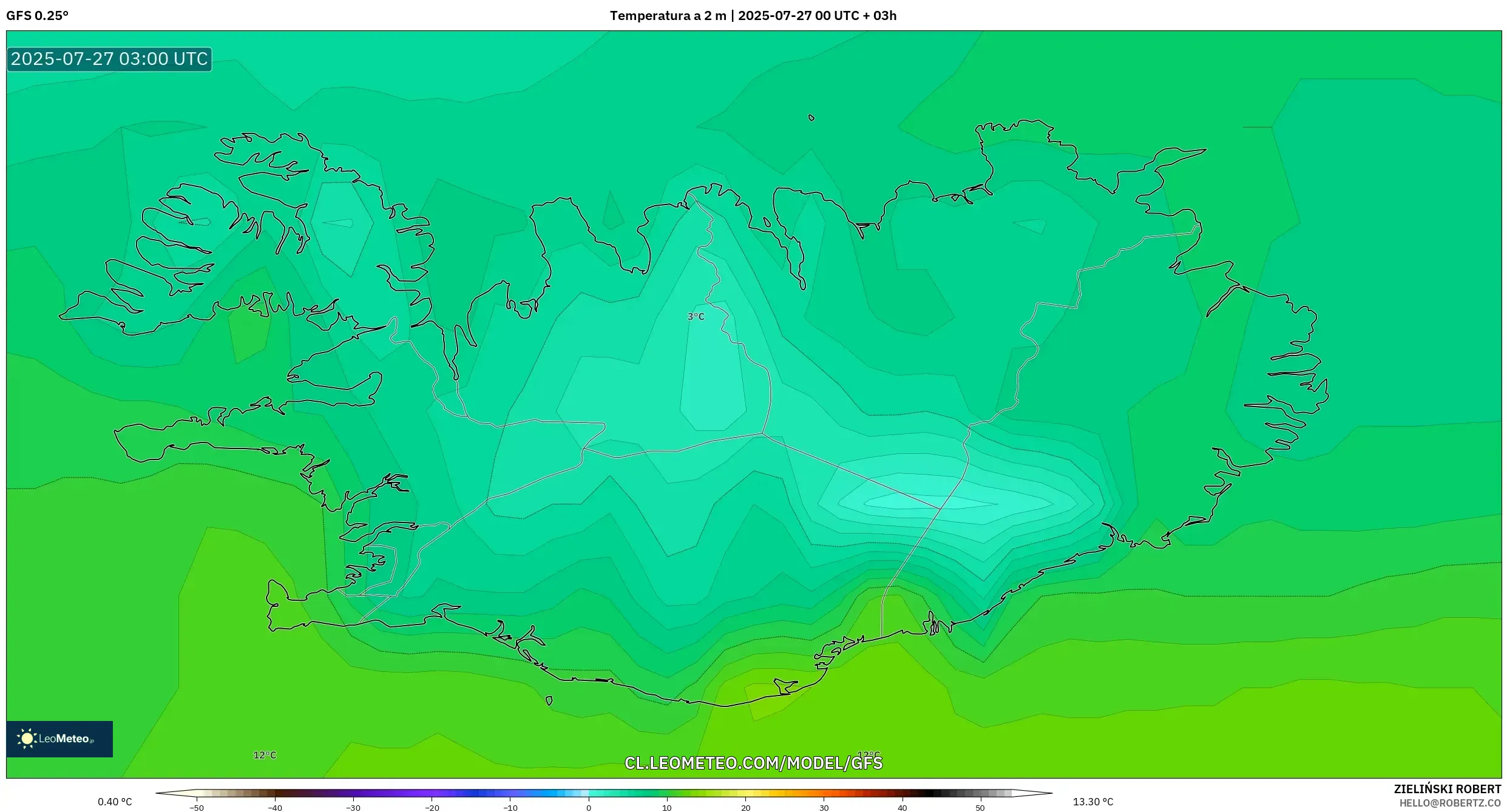 GFS model - Islandia, Temperatura a 2 m GFS model - Islandia, Temperatura a 2 m