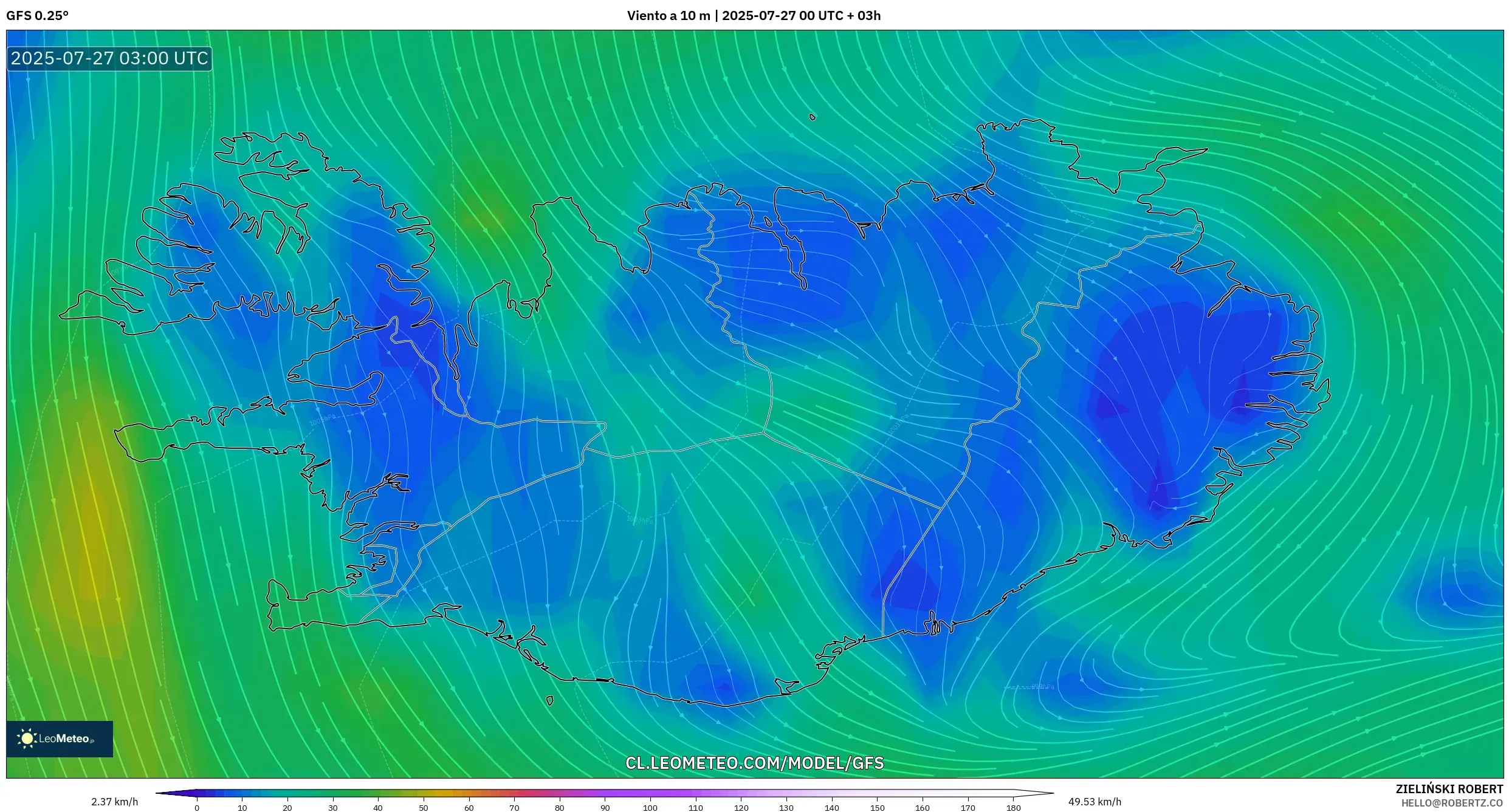 GFS model - Islandia, Viento a 10 m GFS model - Islandia, Viento a 10 m