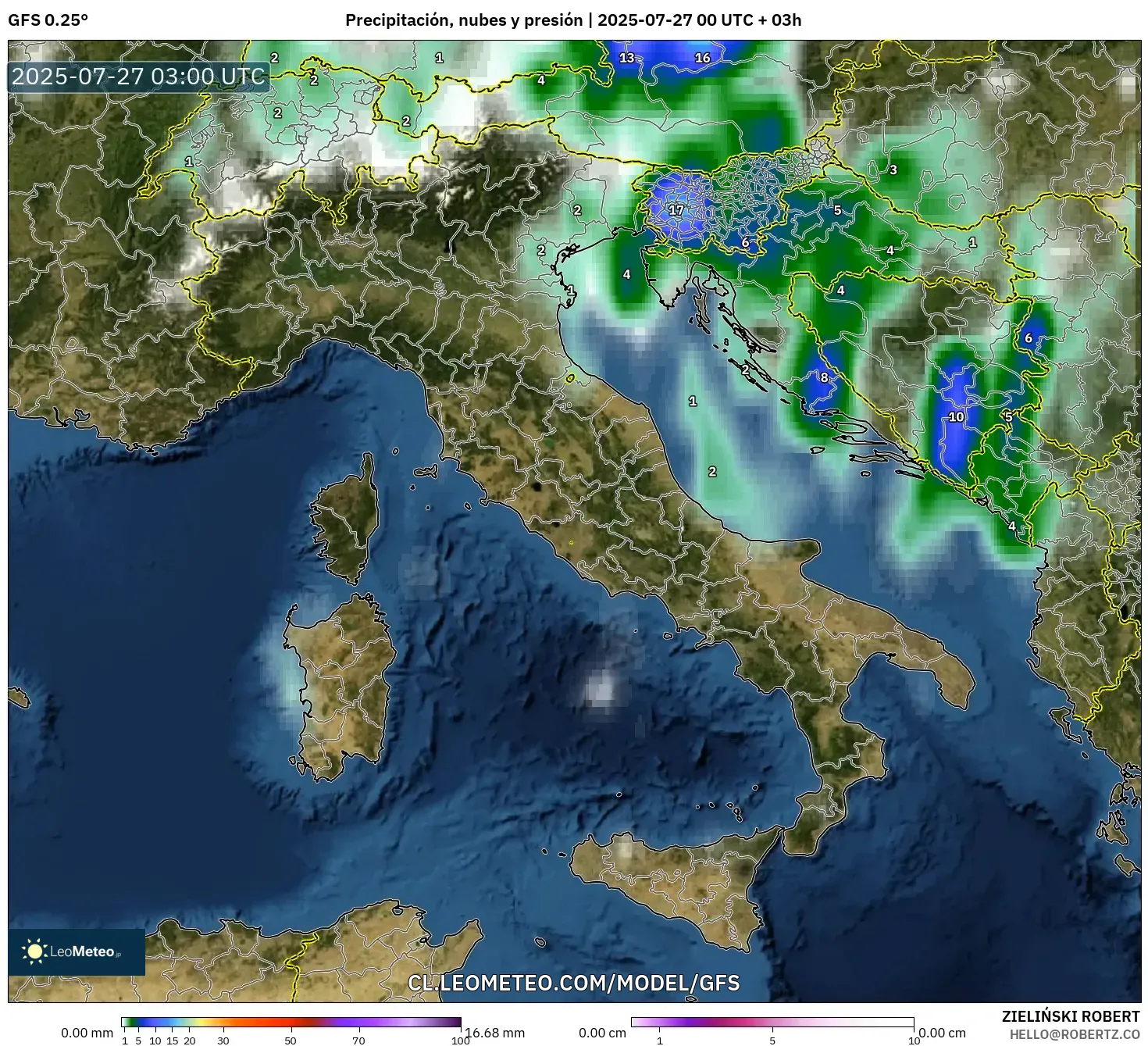 GFS model - Italia, Precipitación, nubes y presión GFS model - Italia, Precipitación, nubes y presión