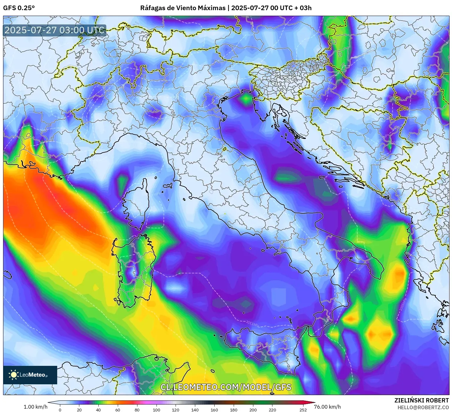 GFS model - Italia, Ráfagas de Viento Máximas GFS model - Italia, Ráfagas de Viento Máximas