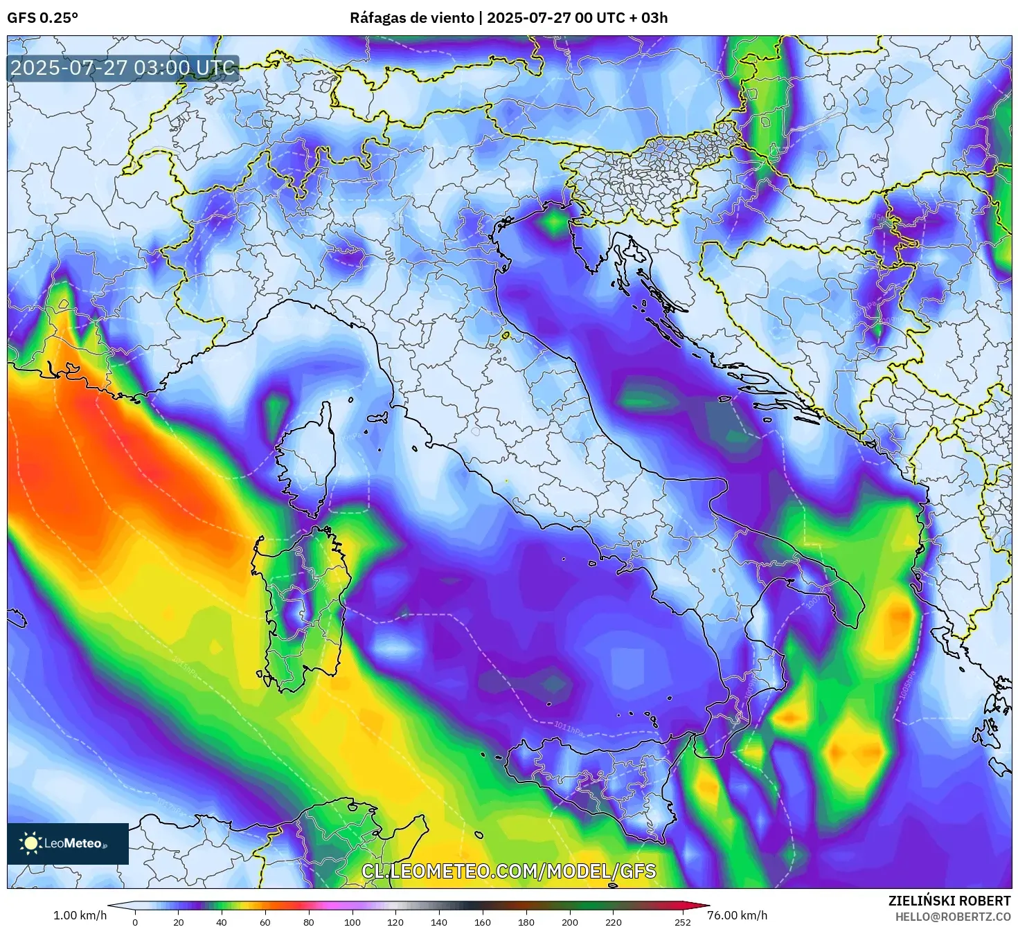 GFS model - Italia, Ráfagas de viento