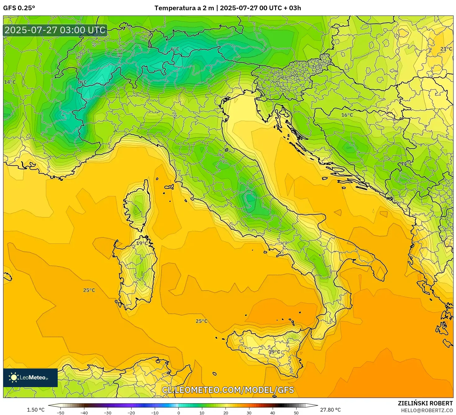 GFS model - Italia, Temperatura a 2 m