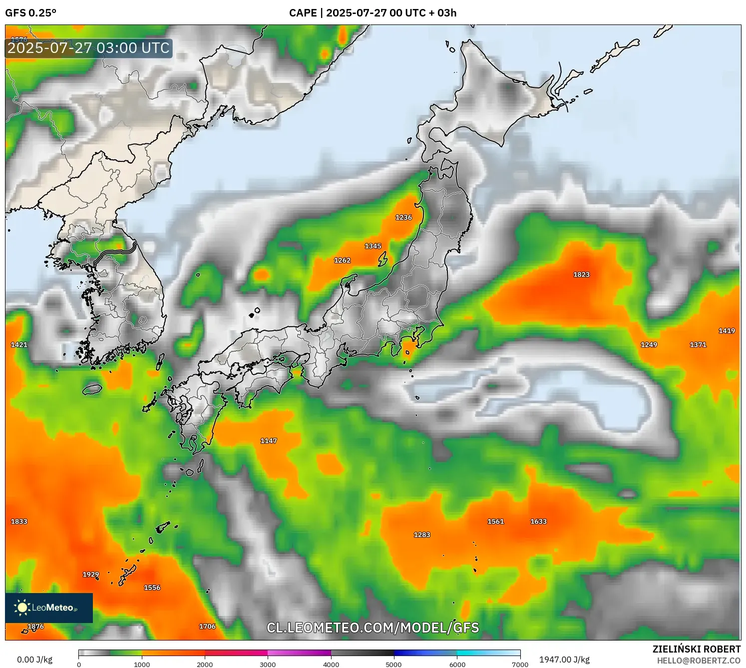 GFS model - Japón, CAPE GFS model - Japón, CAPE