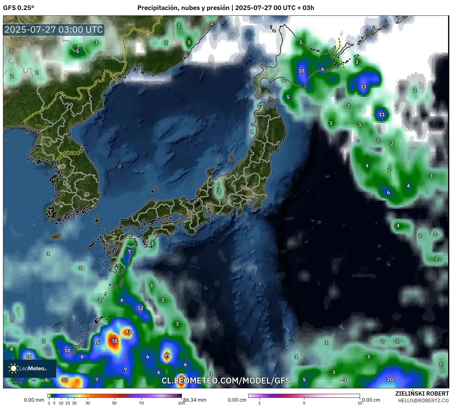 GFS model - Japón, Precipitación, nubes y presión GFS model - Japón, Precipitación, nubes y presión