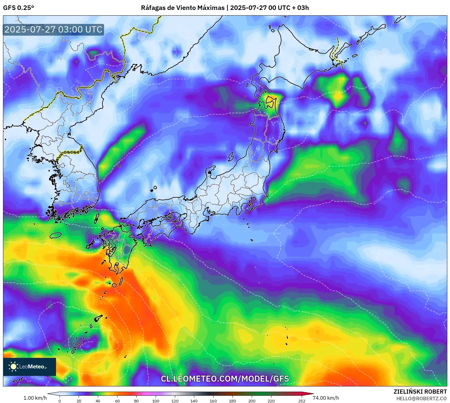 GFS model - Japón, Ráfagas de Viento Máximas GFS model - Japón, Ráfagas de Viento Máximas