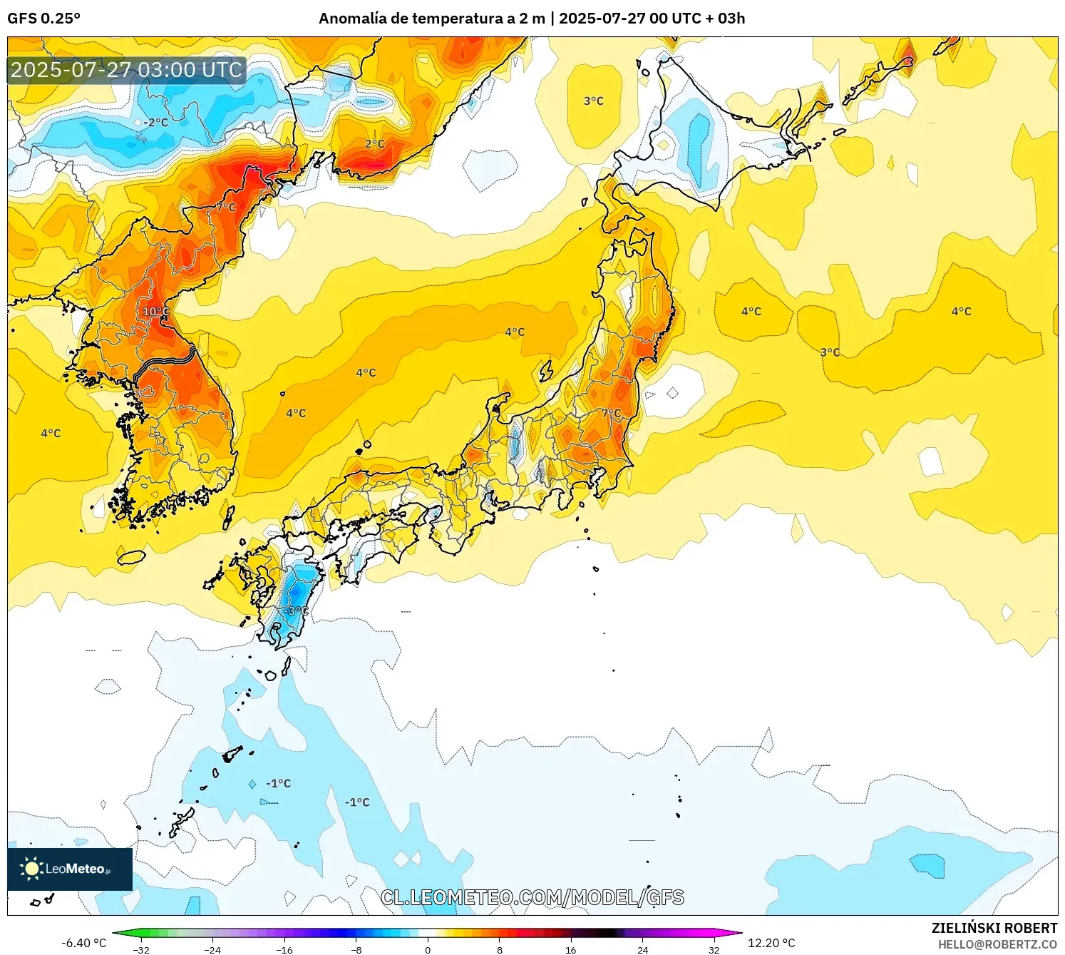 GFS model - Japón, Anomalía de temperatura a 2 m GFS model - Japón, Anomalía de temperatura a 2 m