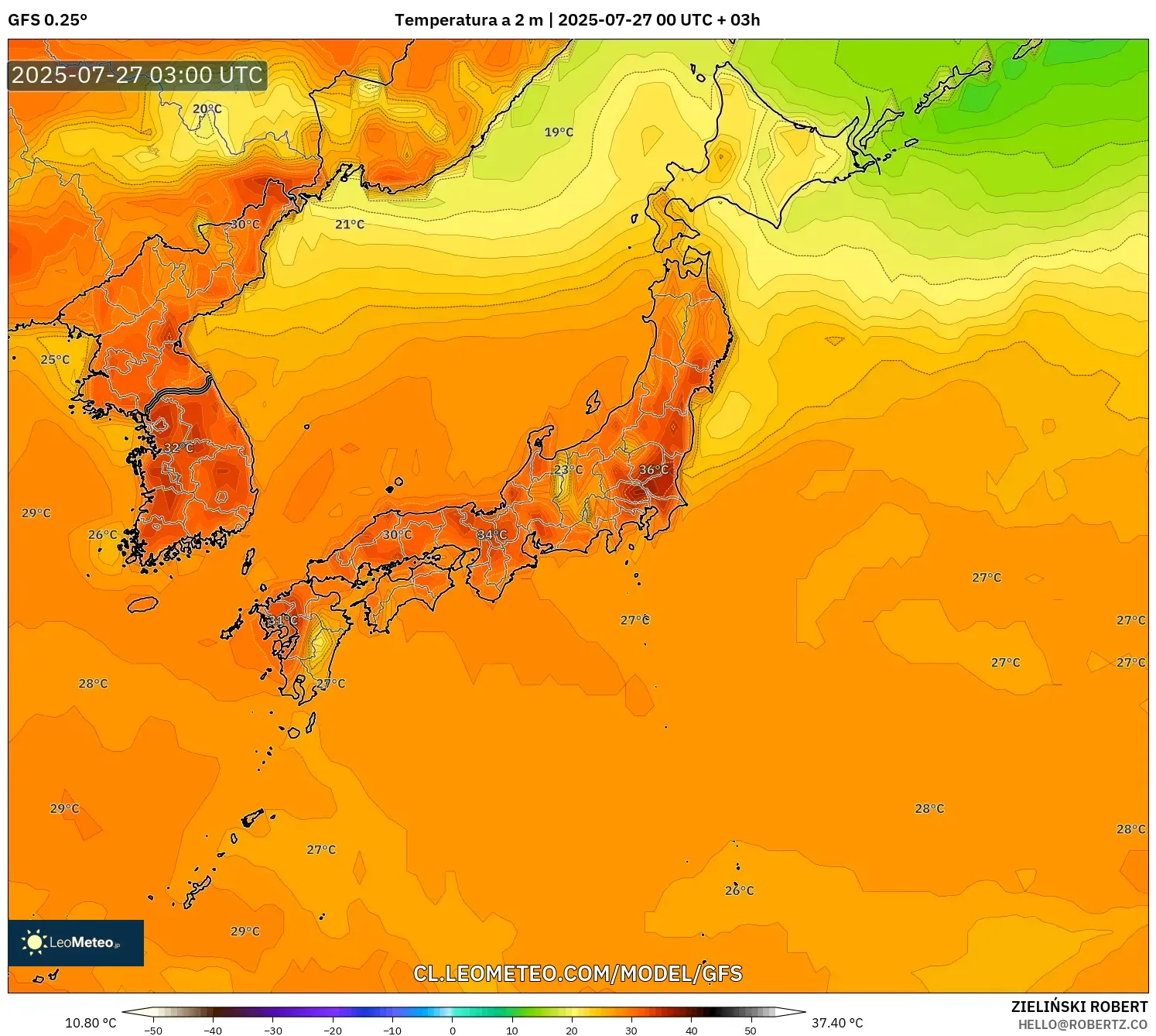 GFS model - Japón, Temperatura a 2 m