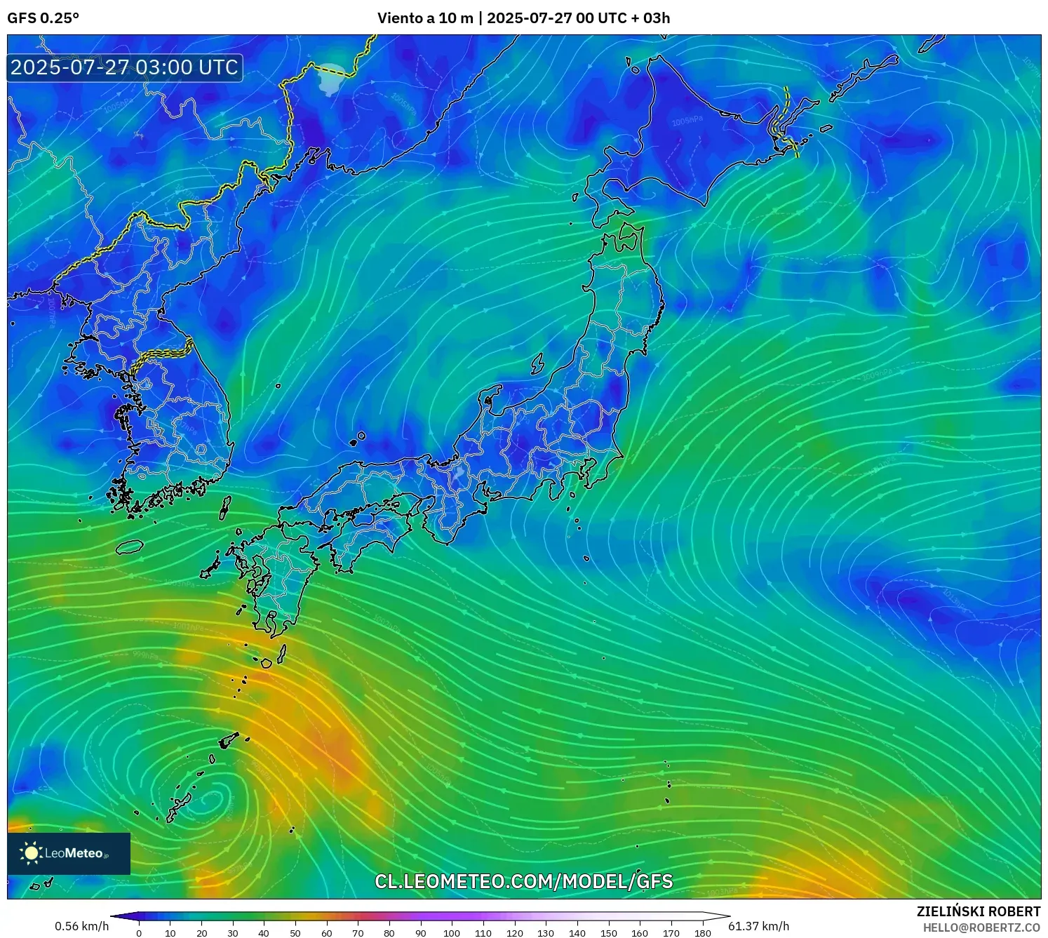 GFS model - Japón, Viento a 10 m GFS model - Japón, Viento a 10 m