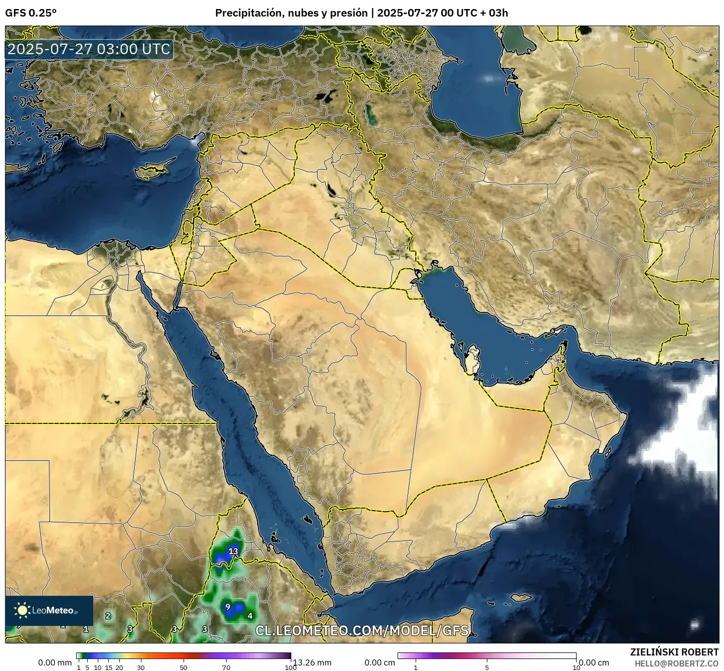 GFS model - Oriente Medio, Precipitación, nubes y presión GFS model - Oriente Medio, Precipitación, nubes y presión
