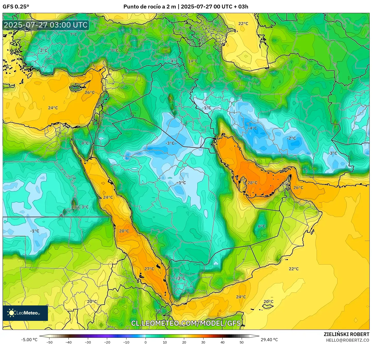 GFS model - Oriente Medio, Punto de rocío a 2 m GFS model - Oriente Medio, Punto de rocío a 2 m