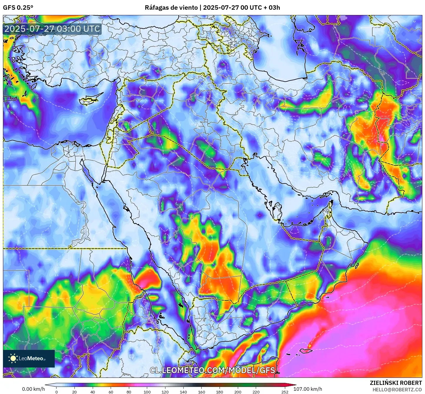 GFS model - Oriente Medio, Ráfagas de viento GFS model - Oriente Medio, Ráfagas de viento