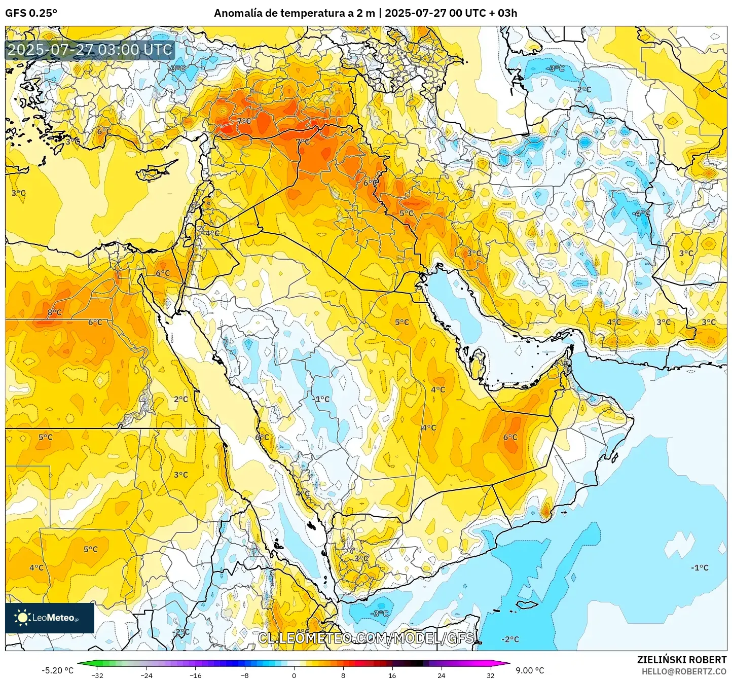 GFS model - Oriente Medio, Anomalía de temperatura a 2 m GFS model - Oriente Medio, Anomalía de temperatura a 2 m