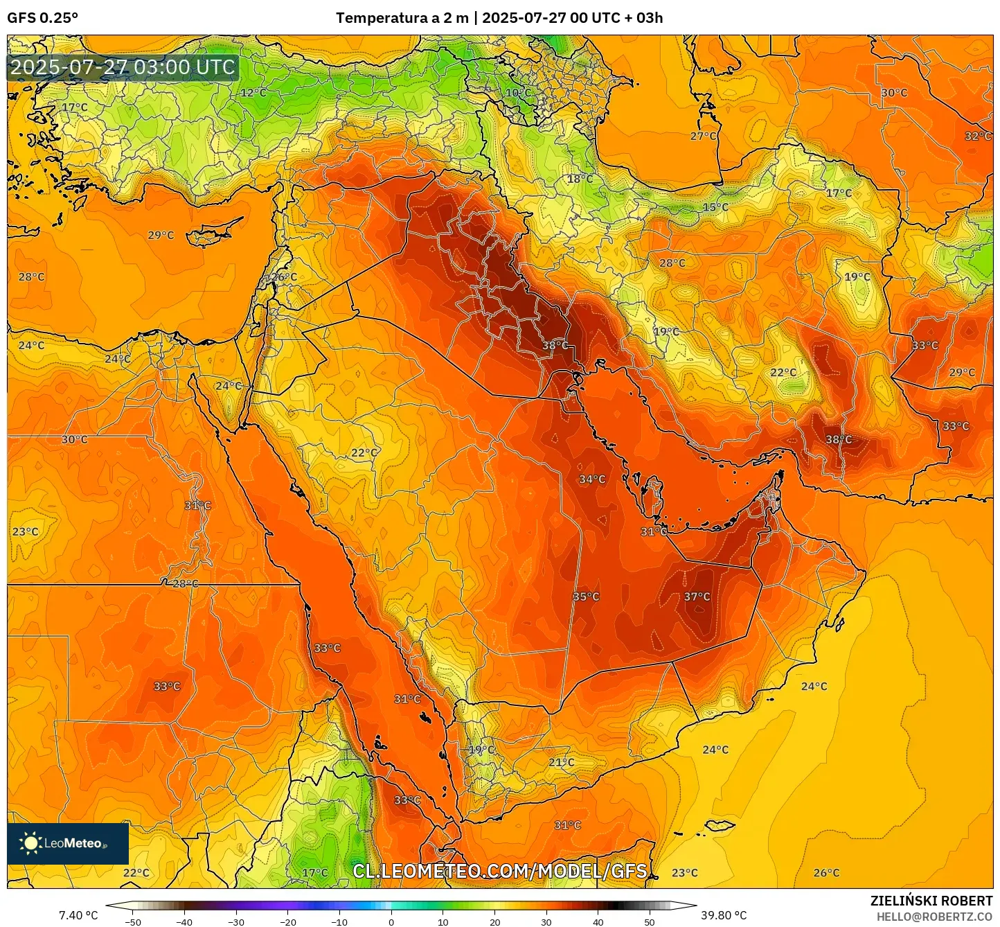 GFS model - Oriente Medio, Temperatura a 2 m GFS model - Oriente Medio, Temperatura a 2 m