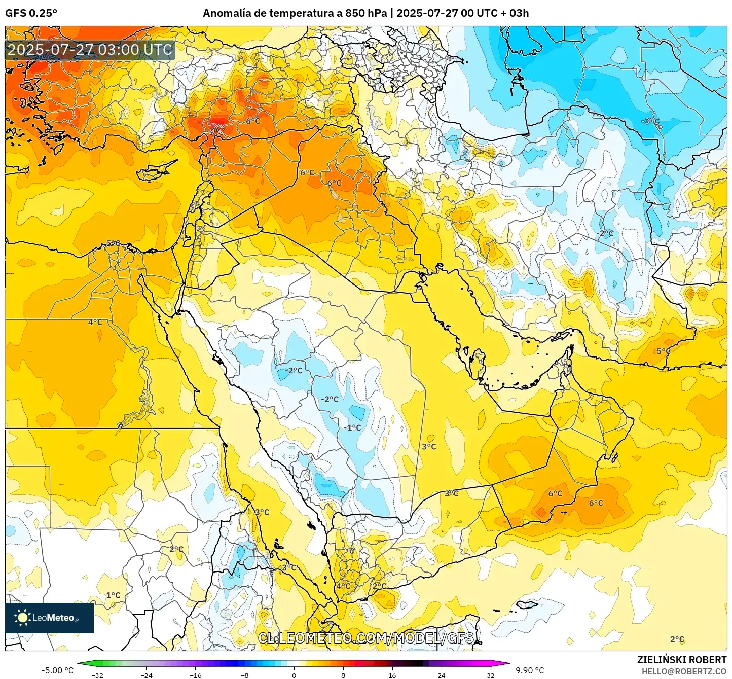 GFS model - Oriente Medio, Anomalía de temperatura a 850 hPa GFS model - Oriente Medio, Anomalía de temperatura a 850 hPa