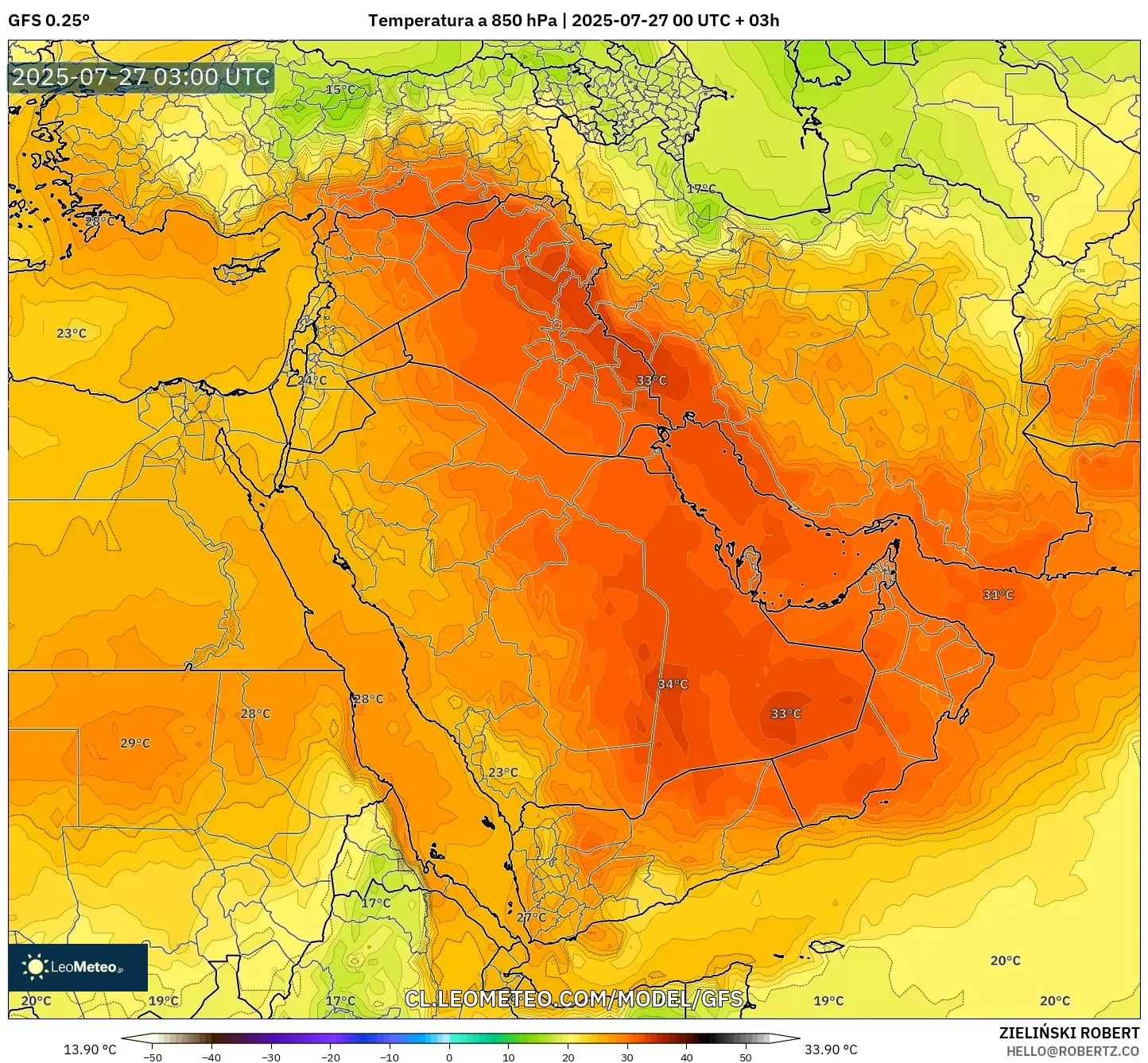 GFS model - Oriente Medio, Temperatura a 850 hPa GFS model - Oriente Medio, Temperatura a 850 hPa