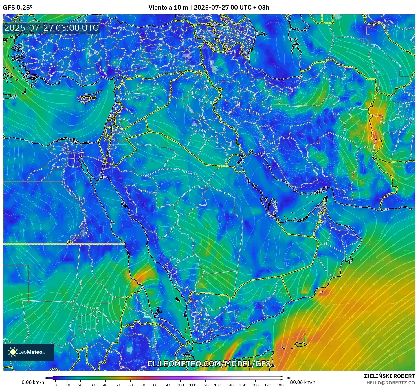 GFS model - Oriente Medio, Viento a 10 m GFS model - Oriente Medio, Viento a 10 m