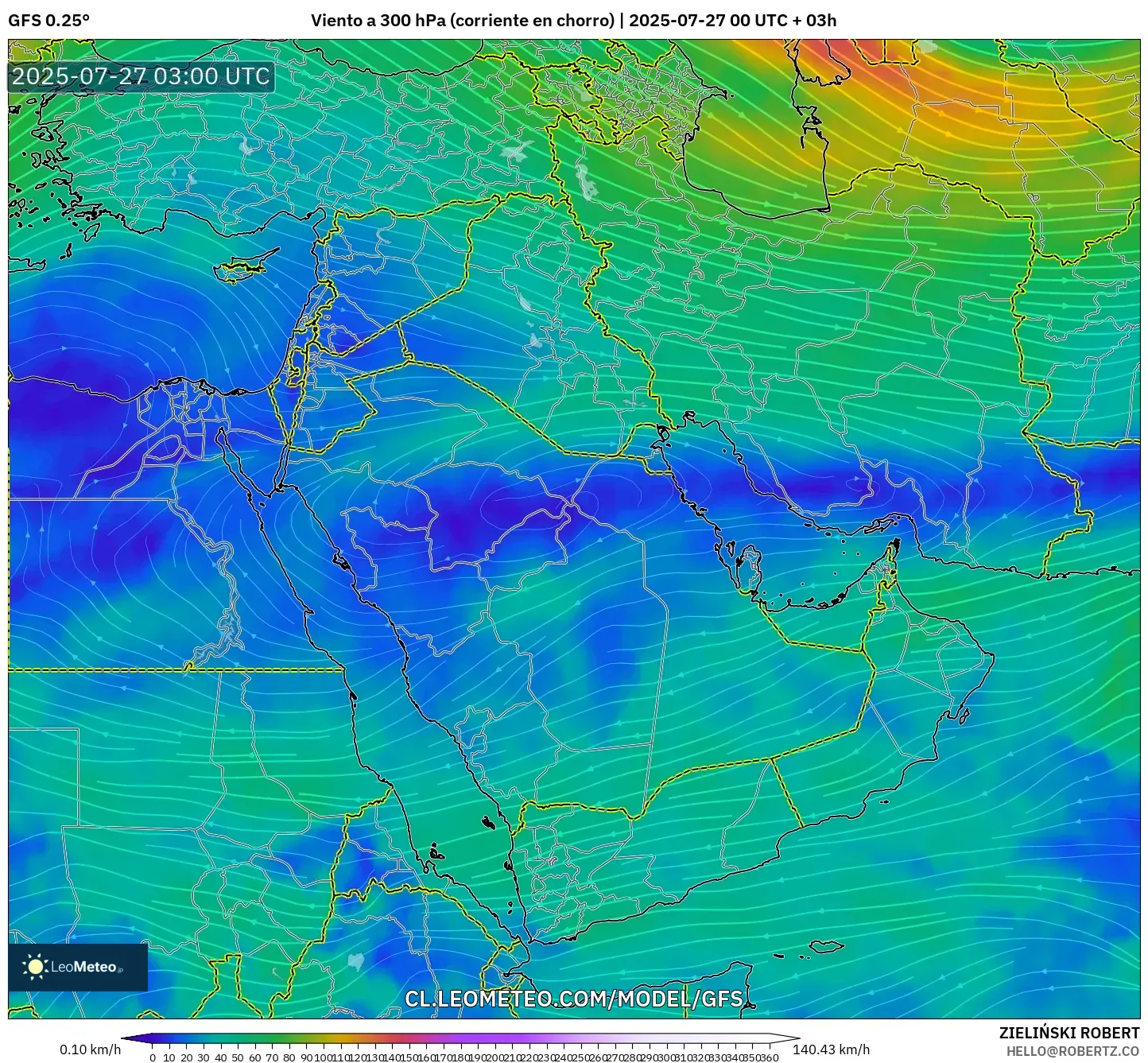 GFS model - Oriente Medio, Viento a 300 hPa (corriente en chorro) GFS model - Oriente Medio, Viento a 300 hPa (corriente en chorro)