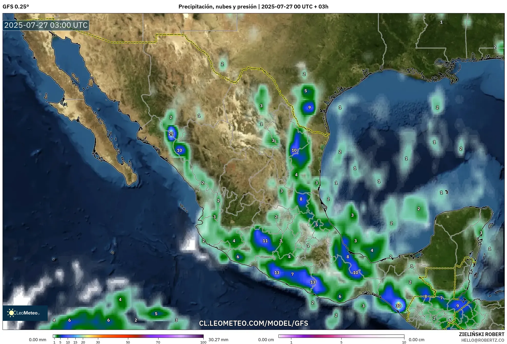 GFS model - México, Precipitación, nubes y presión GFS model - México, Precipitación, nubes y presión