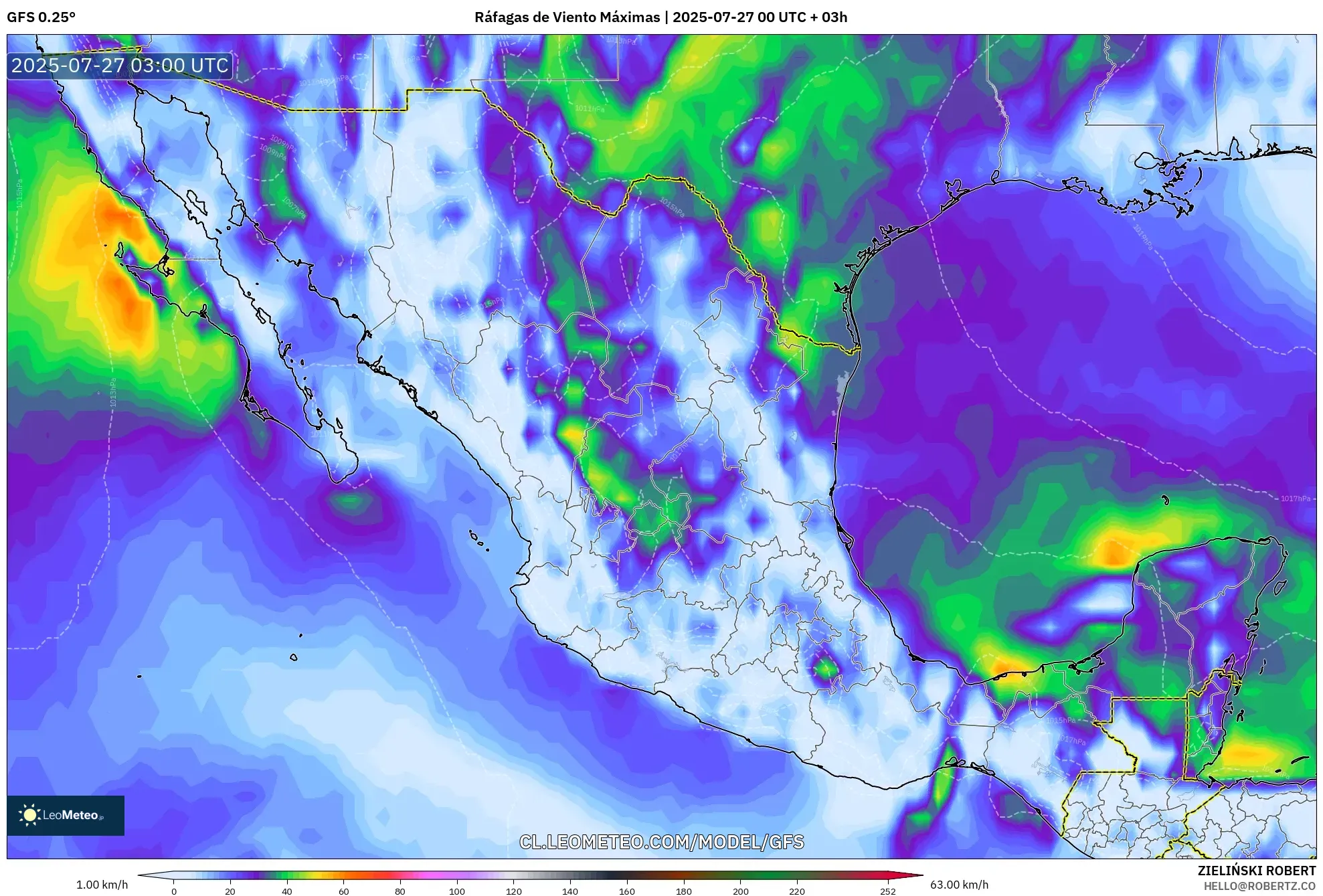 GFS model - México, Ráfagas de Viento Máximas GFS model - México, Ráfagas de Viento Máximas