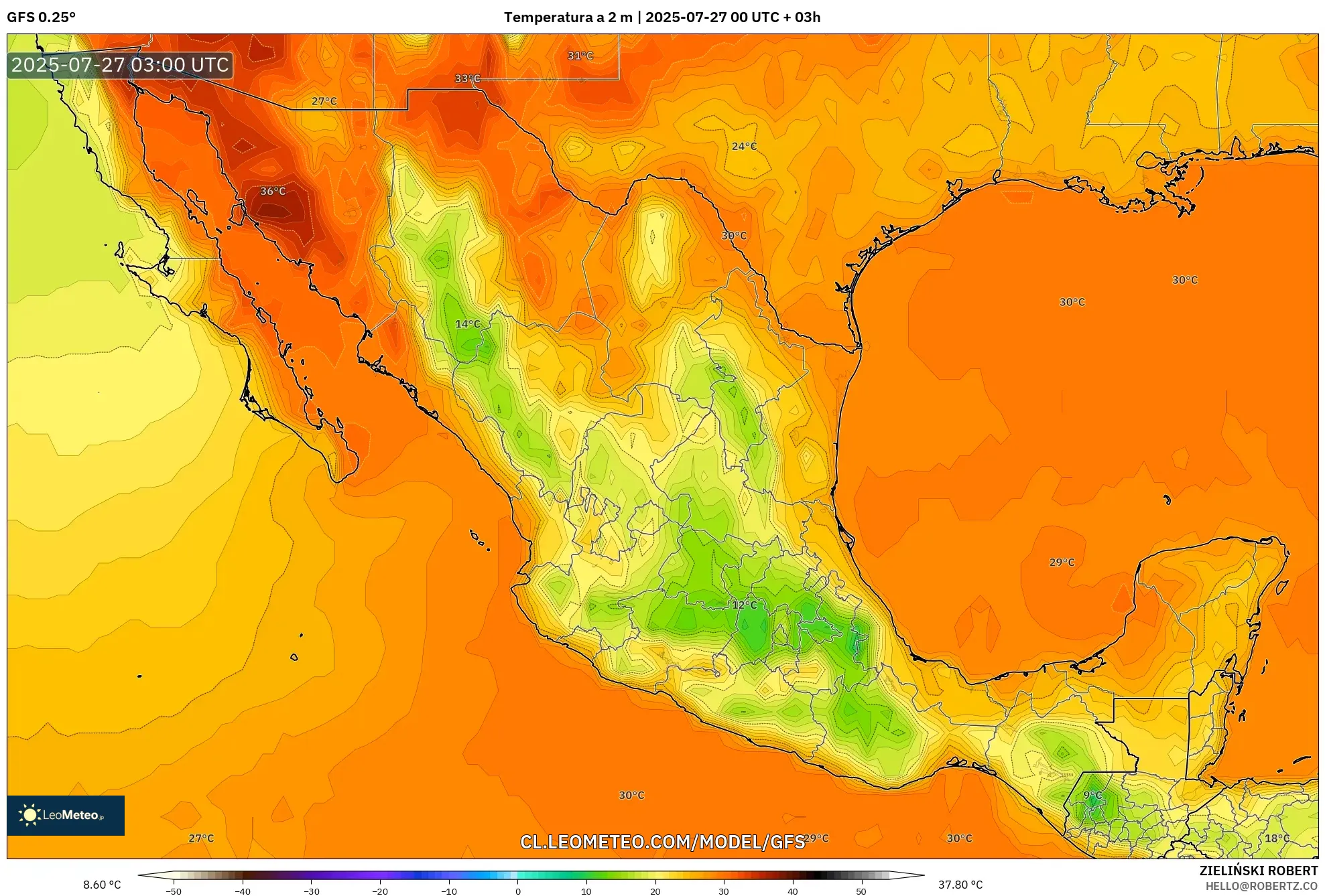 GFS model - México, Temperatura a 2 m GFS model - México, Temperatura a 2 m