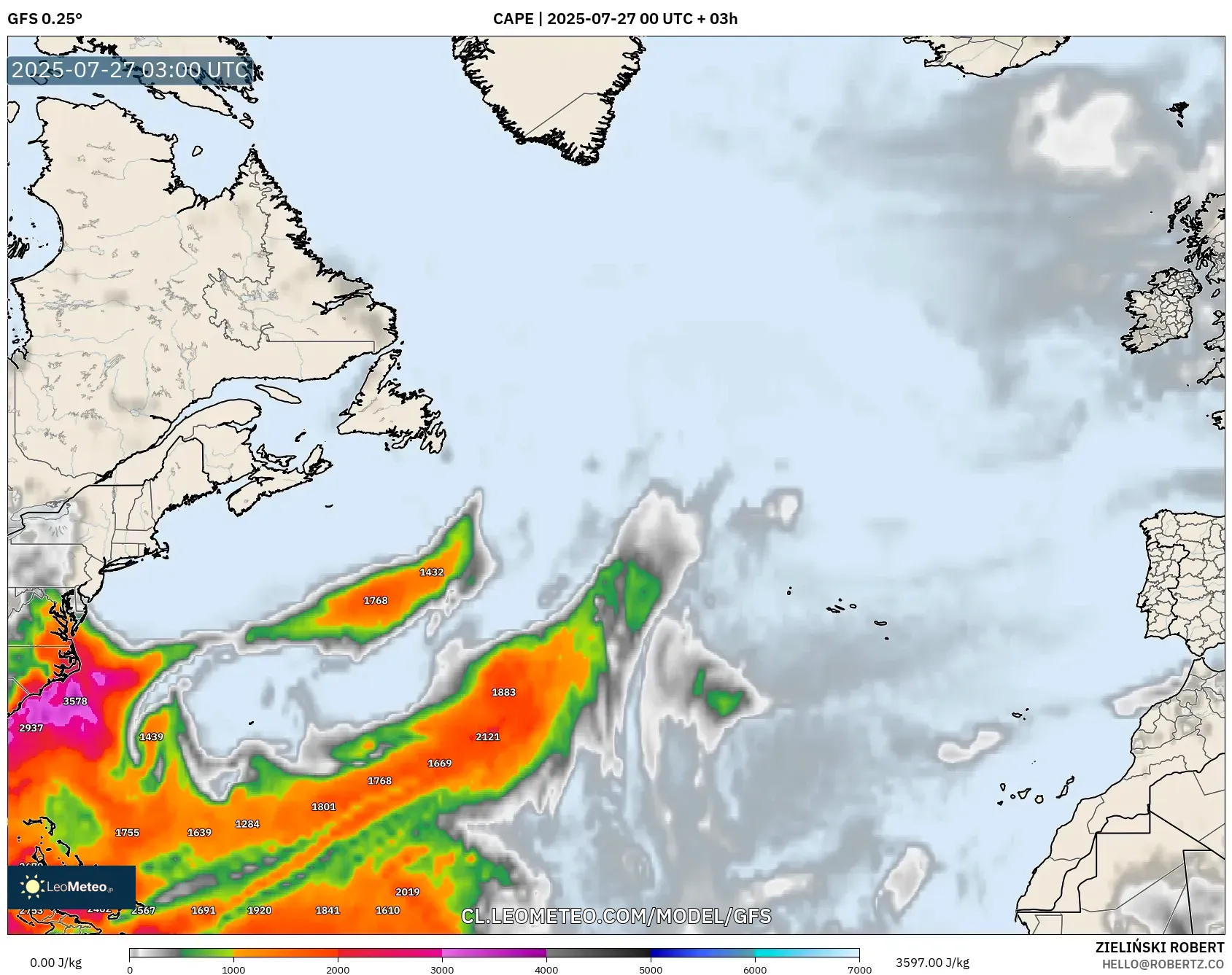 GFS model - Norte Atlántico, CAPE GFS model - Norte Atlántico, CAPE