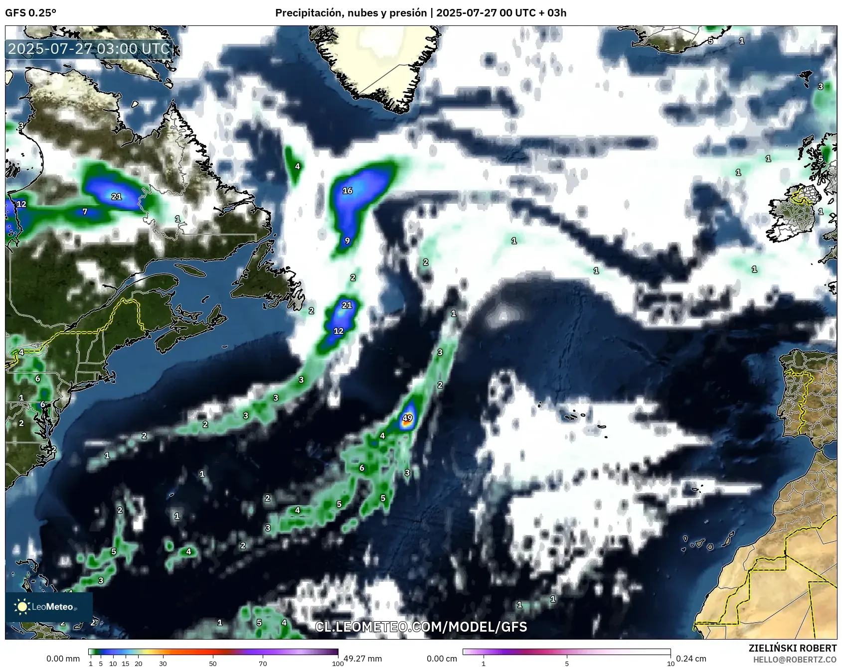 GFS model - Norte Atlántico, Precipitación, nubes y presión GFS model - Norte Atlántico, Precipitación, nubes y presión
