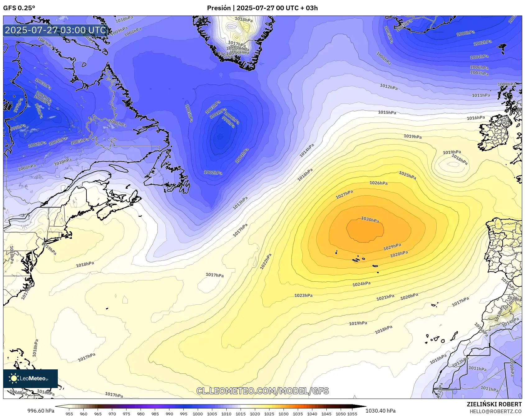 GFS model - Norte Atlántico, Presión