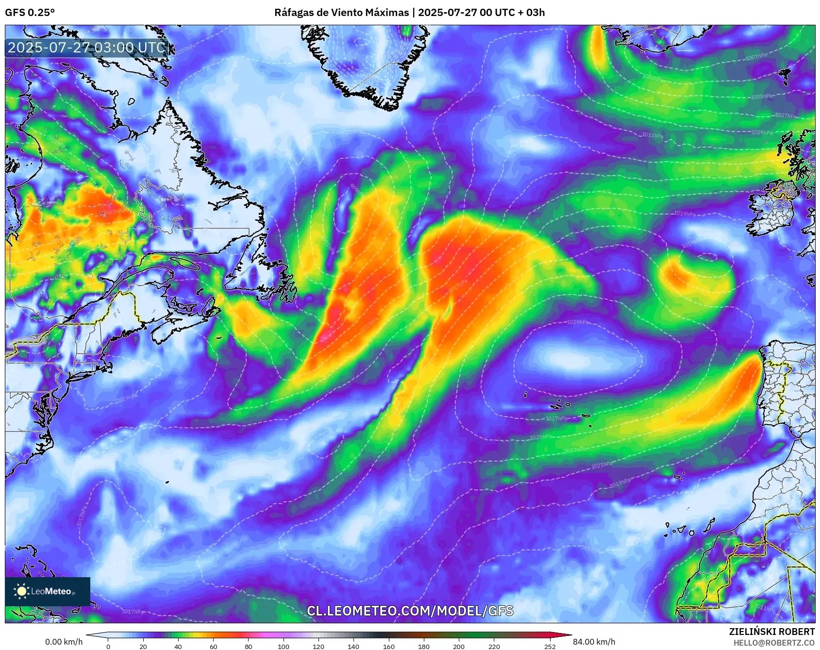 GFS model - Norte Atlántico, Ráfagas de Viento Máximas GFS model - Norte Atlántico, Ráfagas de Viento Máximas