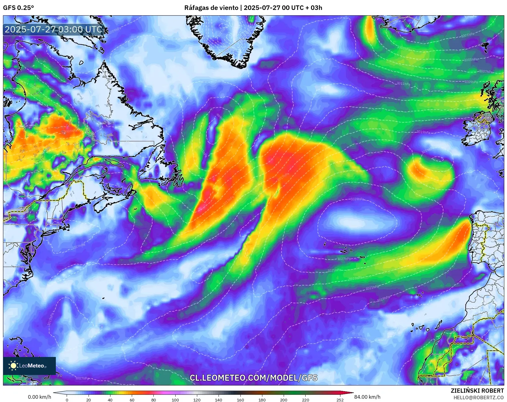 GFS model - Norte Atlántico, Ráfagas de viento GFS model - Norte Atlántico, Ráfagas de viento