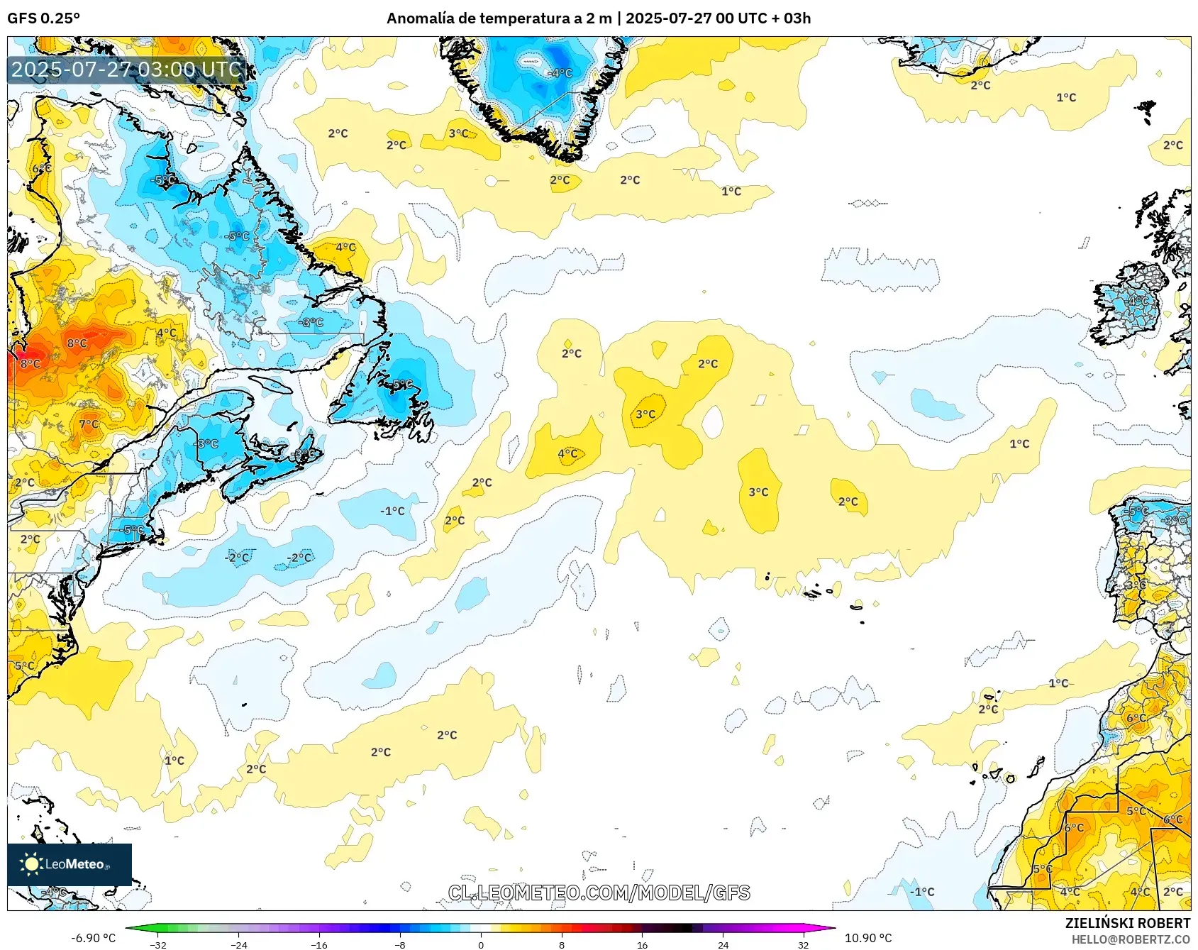 GFS model - Norte Atlántico, Anomalía de temperatura a 2 m GFS model - Norte Atlántico, Anomalía de temperatura a 2 m
