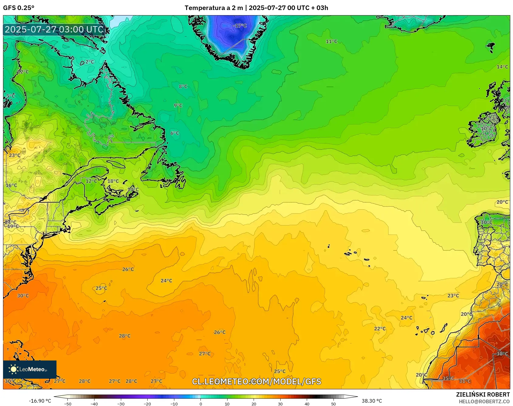 GFS model - Norte Atlántico, Temperatura a 2 m GFS model - Norte Atlántico, Temperatura a 2 m