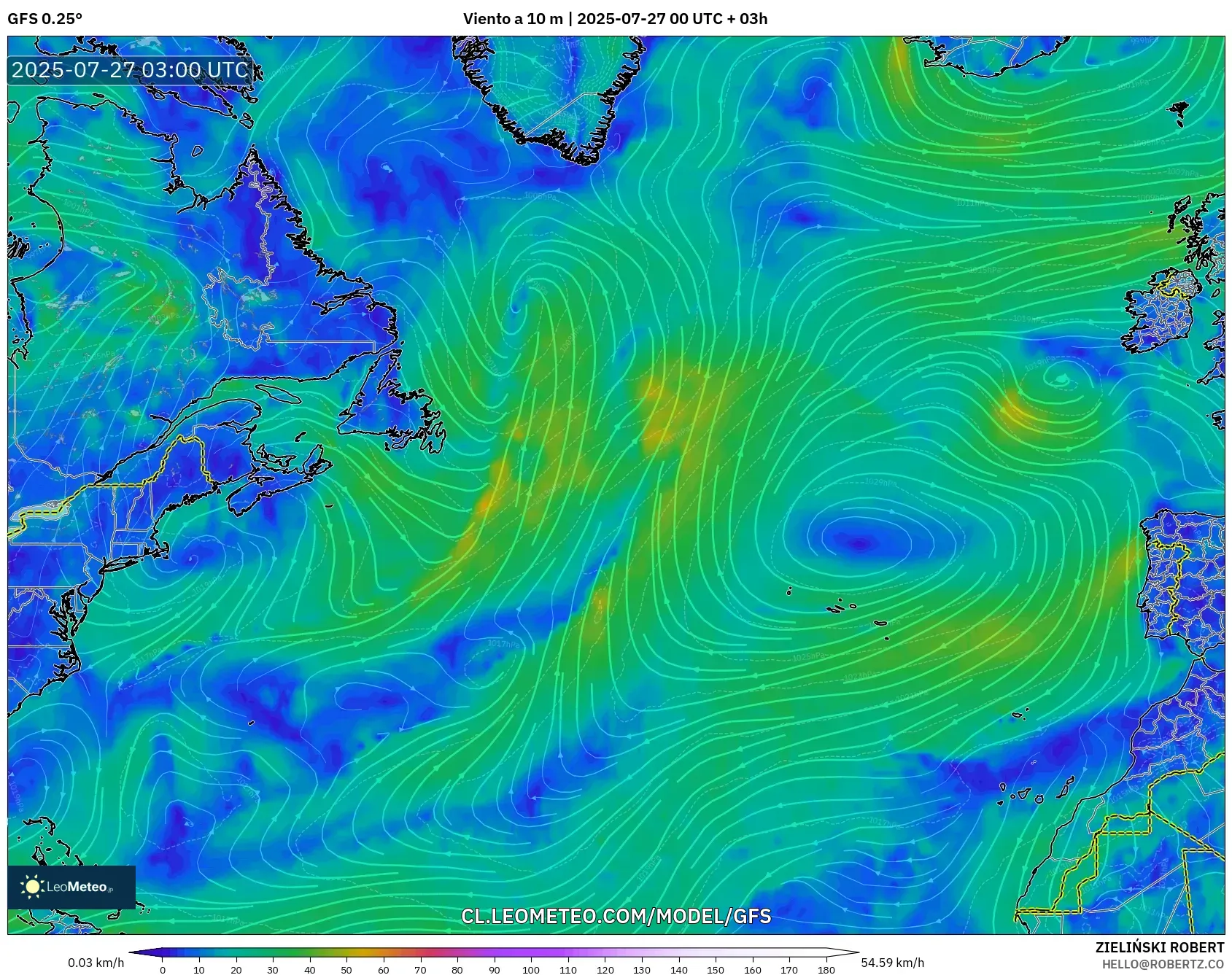 GFS model - Norte Atlántico, Viento a 10 m GFS model - Norte Atlántico, Viento a 10 m