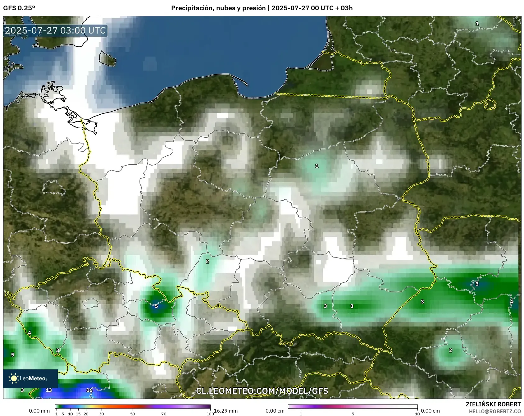 GFS model - Polonia, Precipitación, nubes y presión GFS model - Polonia, Precipitación, nubes y presión