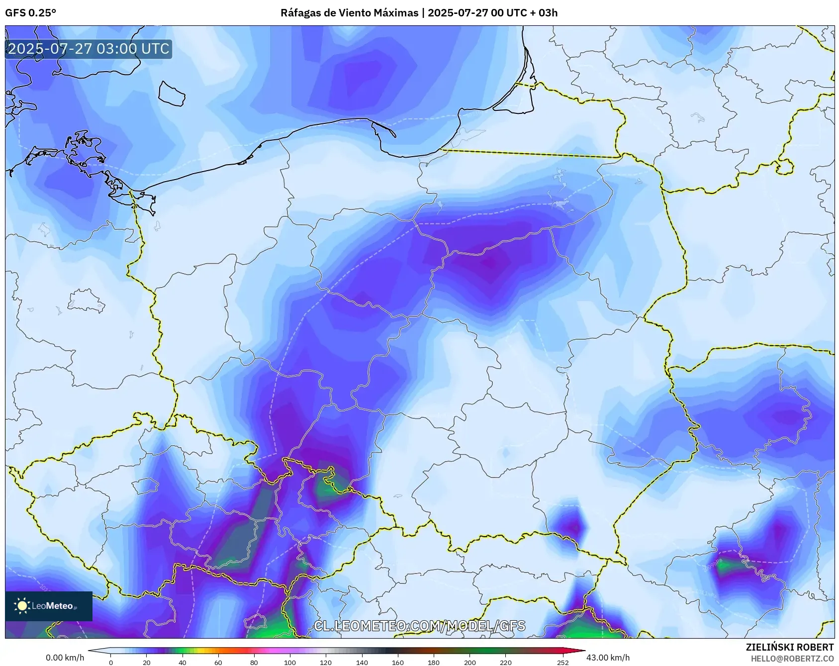 GFS model - Polonia, Ráfagas de Viento Máximas GFS model - Polonia, Ráfagas de Viento Máximas
