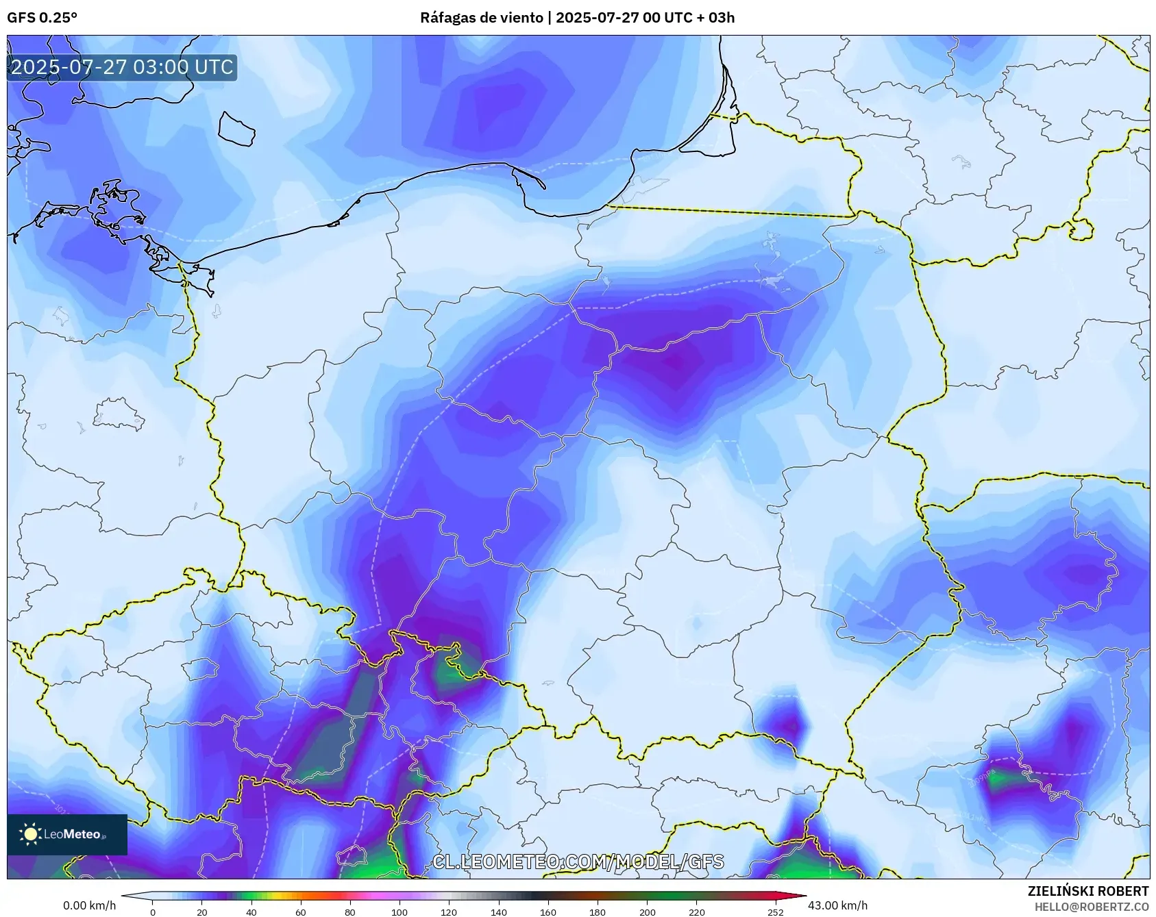 GFS model - Polonia, Ráfagas de viento GFS model - Polonia, Ráfagas de viento