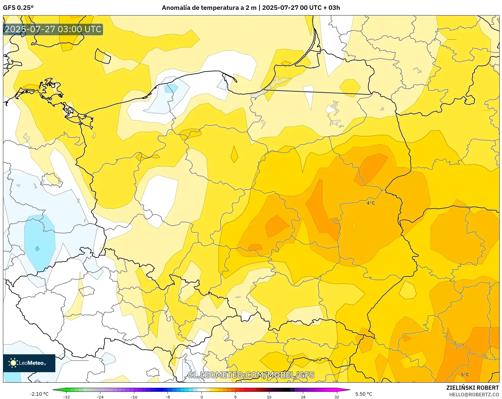 GFS model - Polonia, Anomalía de temperatura a 2 m